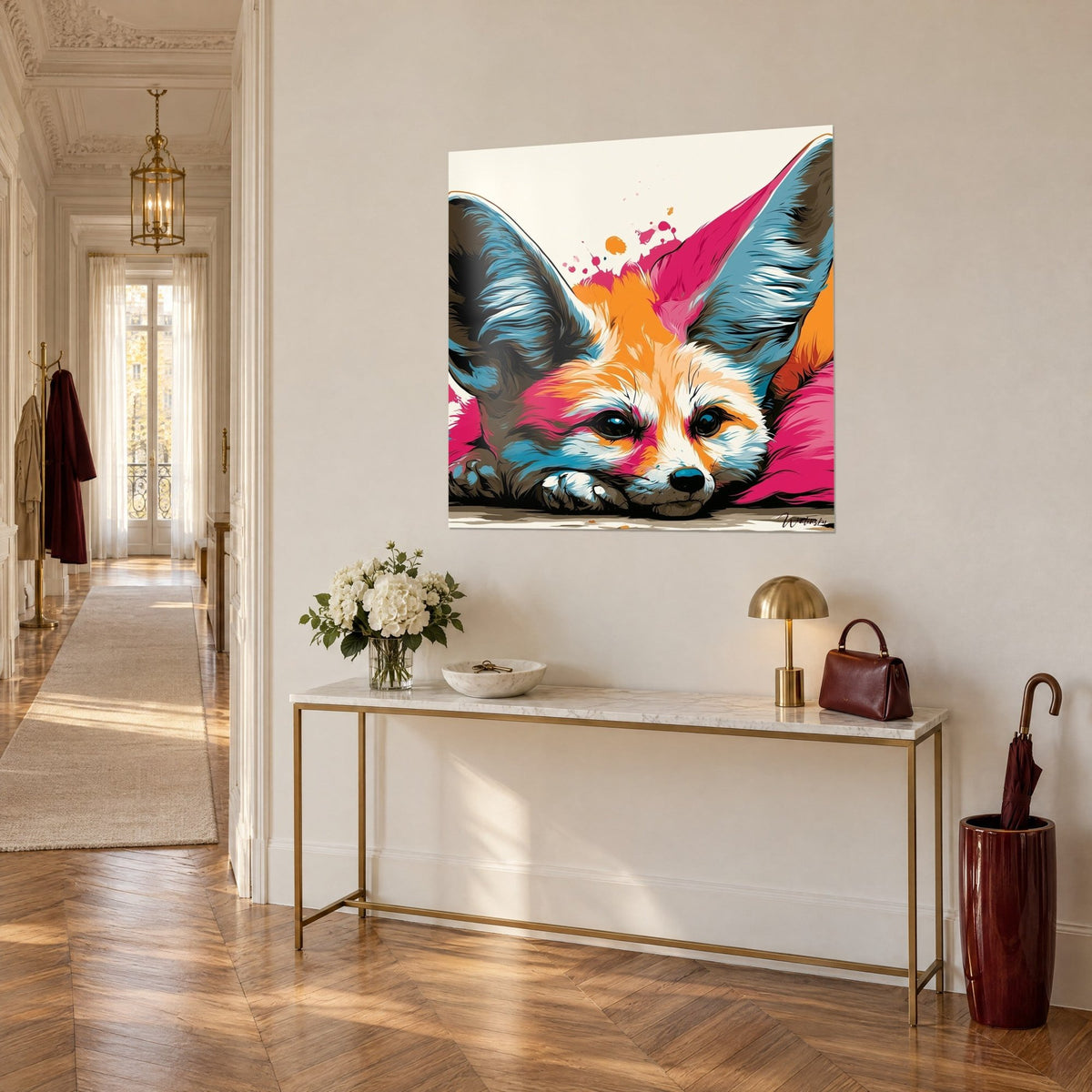 Wall art small resting fennec fox, apricot orange fur and pink splashes on a cream background, three-quarter view on a Haussmann wall