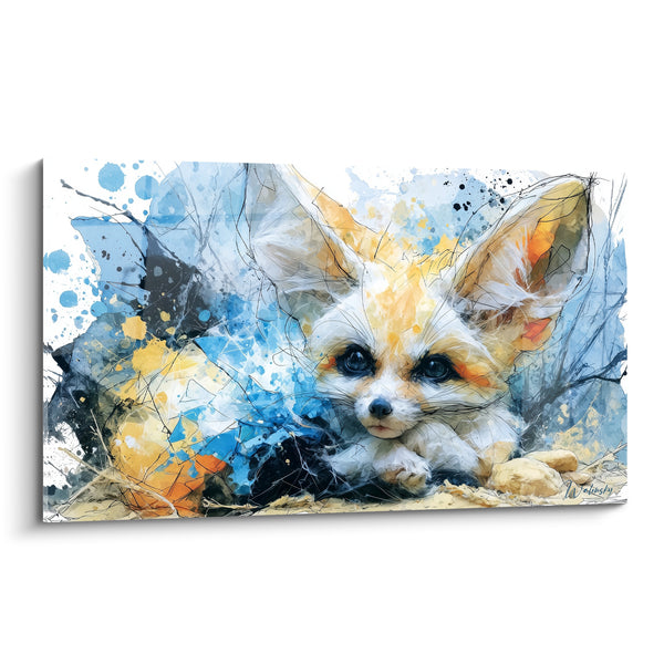 Tableau Fennec beige et bleu aux éclaboussures d'encre noire - Pattes croisées au repos - Edition Fennec