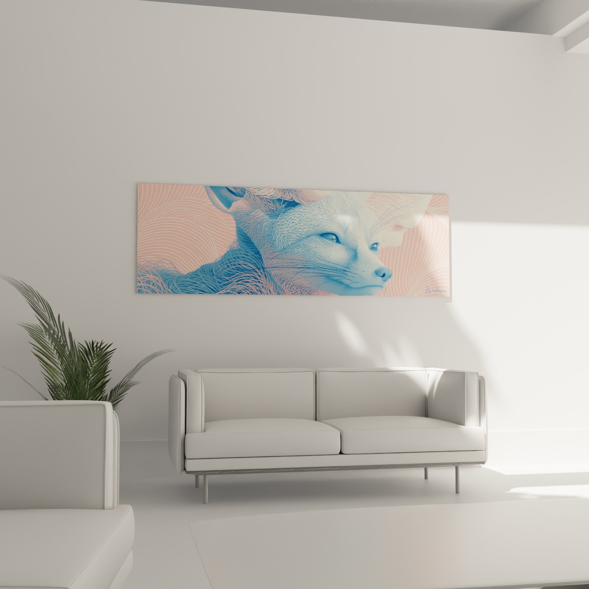 Regard de fennec bleu et blanc crème sur fond rose vagues, au-dessus d'un canapé dans un salon lumineux