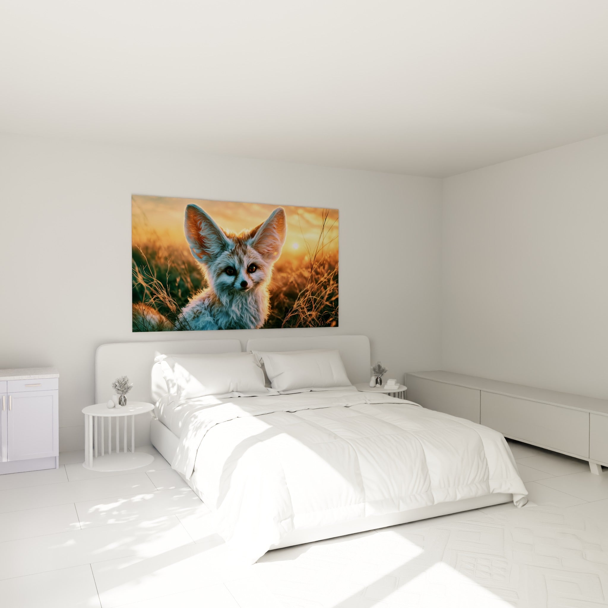 Jeune fennec doré et blanc, oreilles dressées, au-dessus d'un lit dans une chambre claire