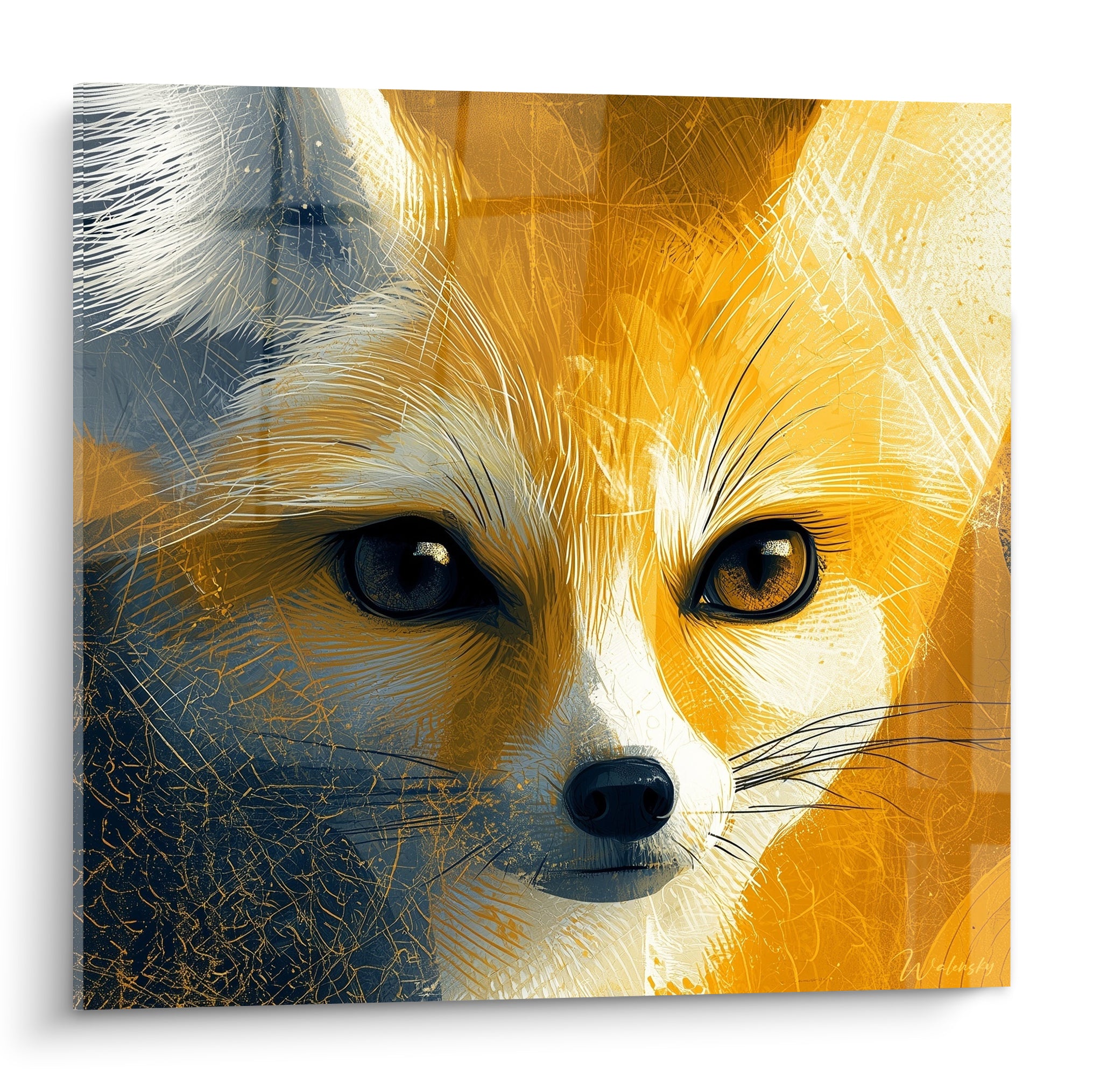 Fennec au regard doré, visage cerné d'ocre et d'anthracite, portrait graphique et intense