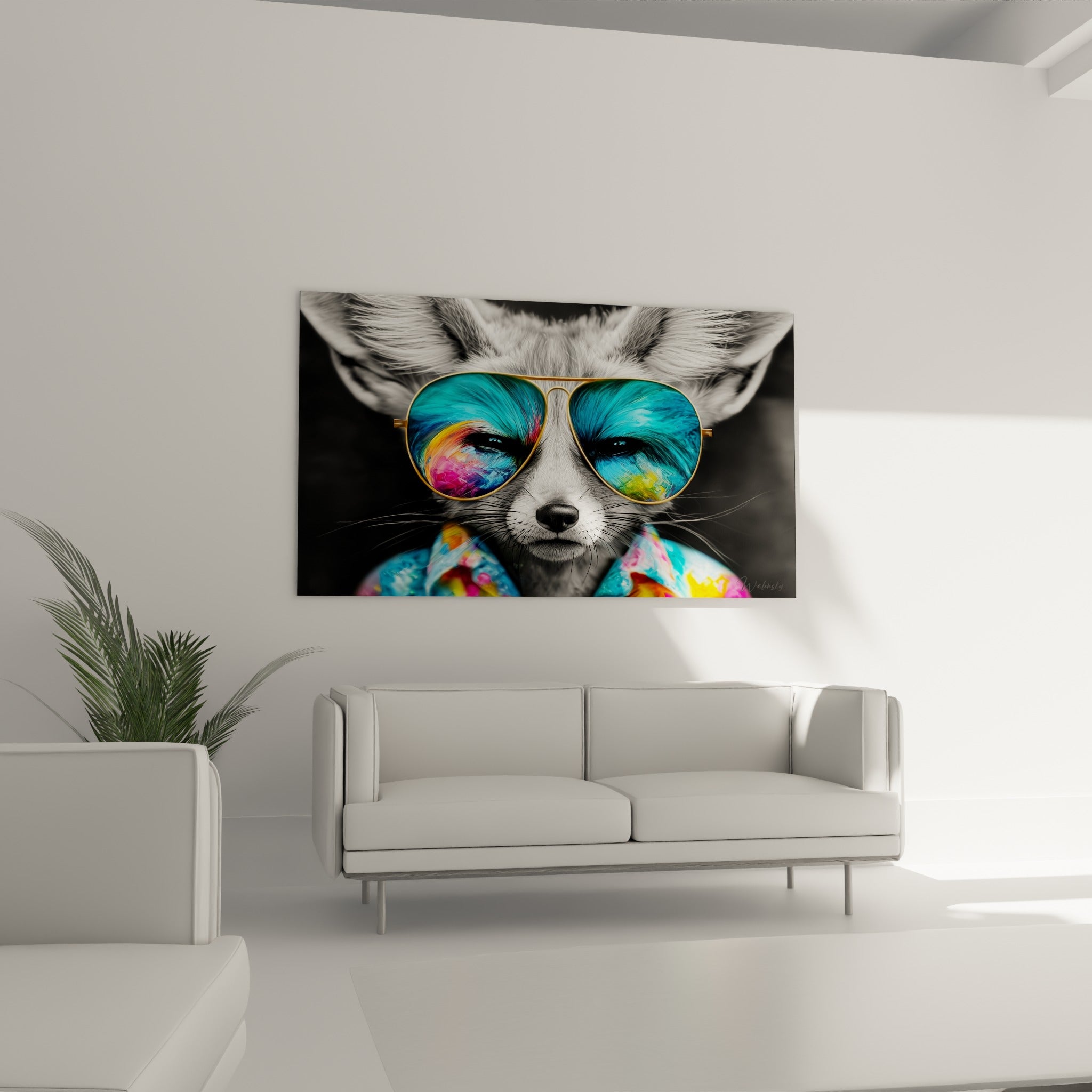 Regard malicieux du fennec derrière ses lunettes dorées et bleu turquoise au-dessus d'un canapé dans un salon lumineux