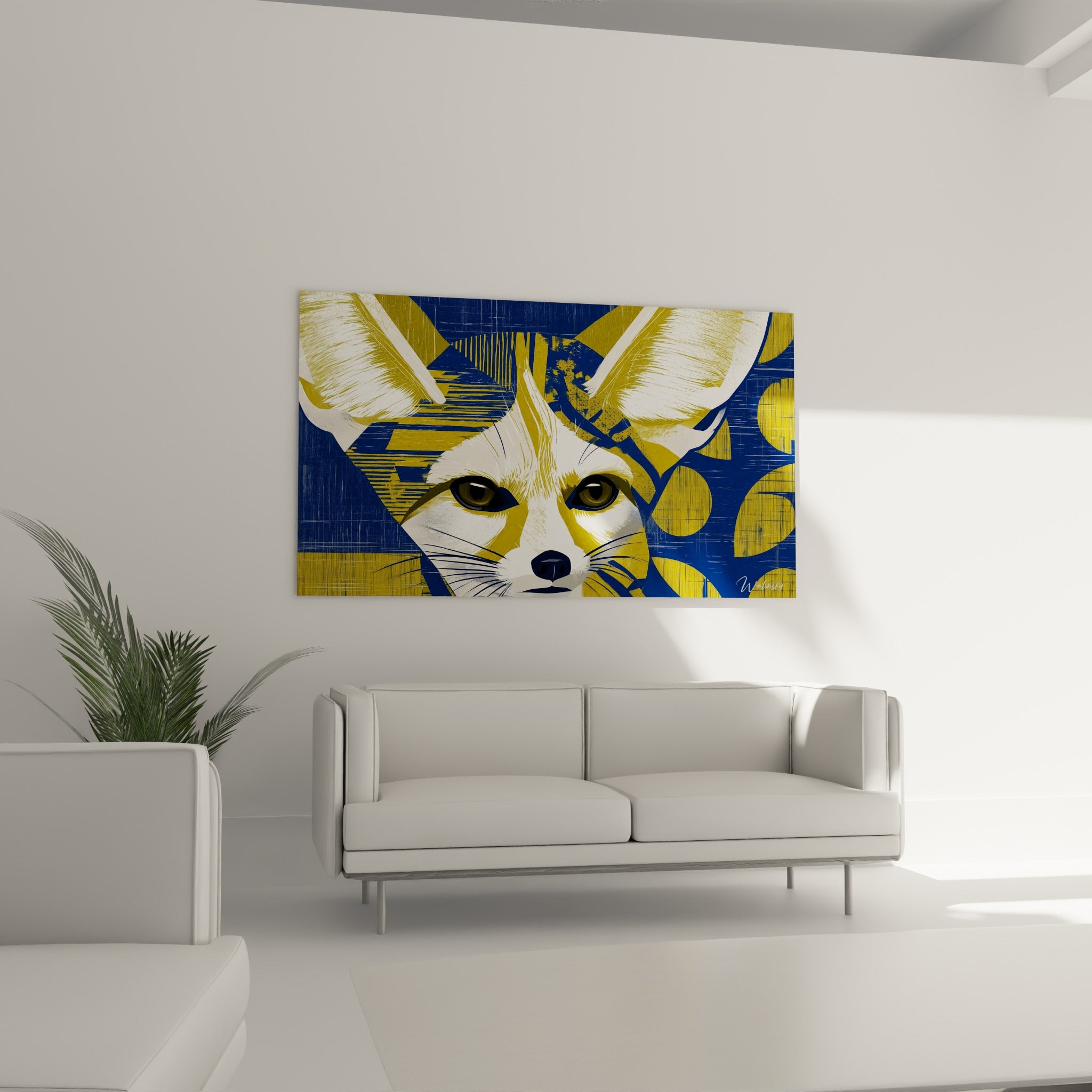 Fennec doré aux yeux intenses accroché au-dessus d'un canapé dans un salon lumineux