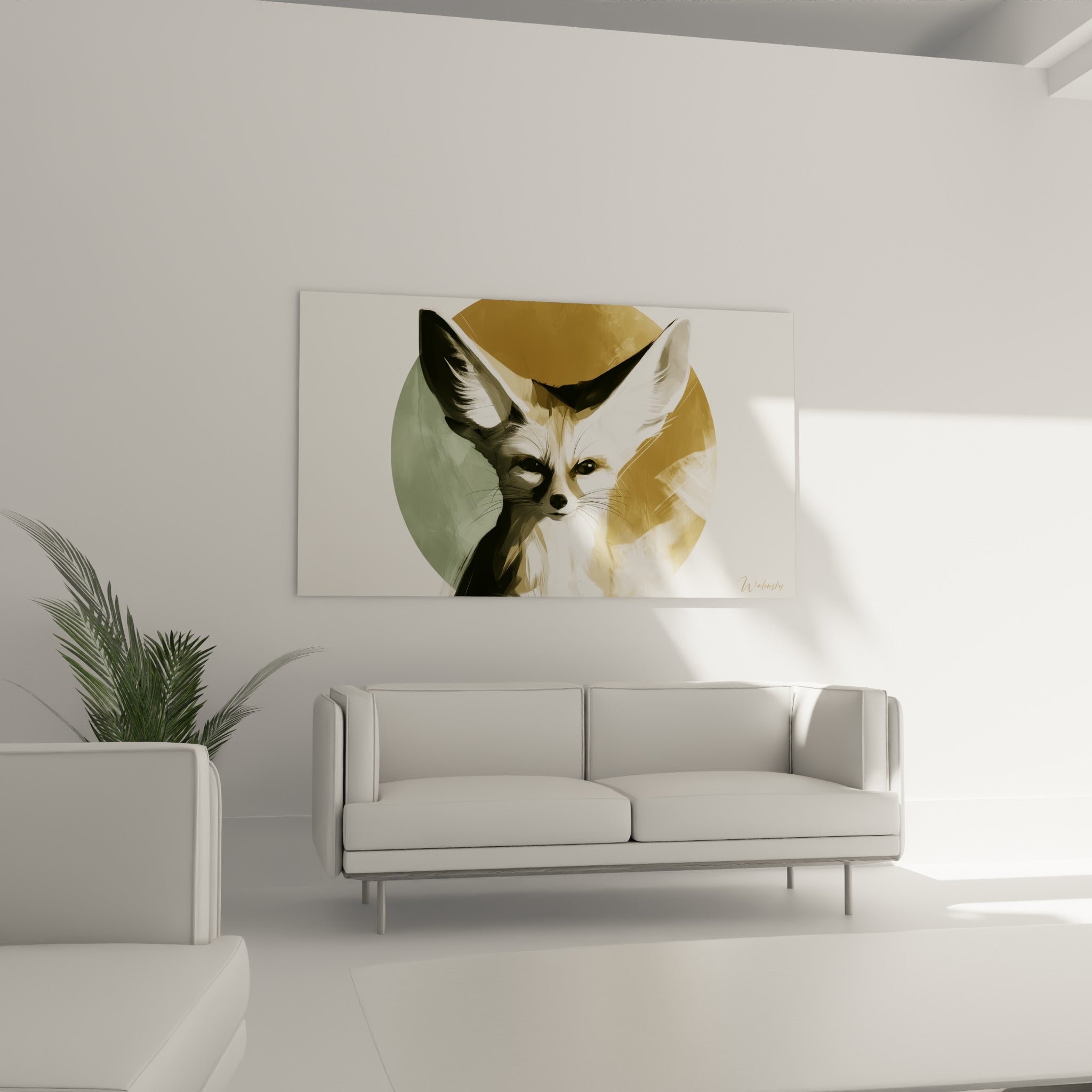 Regard intense du fennec doré et blanc positionné au-dessus d'un canapé dans un salon lumineux