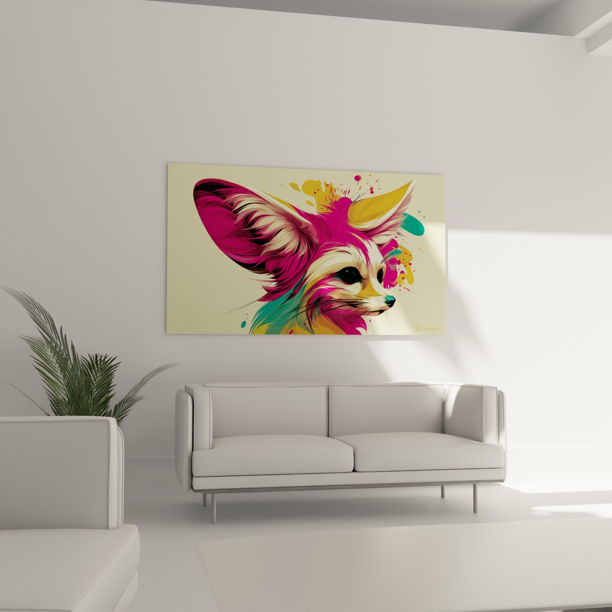 Portrait du fennec fuchsia et turquoise aux yeux noirs perçants, au-dessus d'un canapé dans un salon lumineux