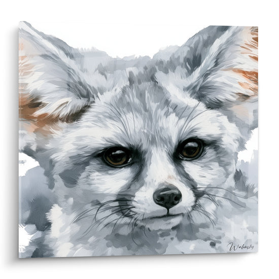 Fennec au pelage gris anthracite et touches rousses, regard brun intense en aquarelle