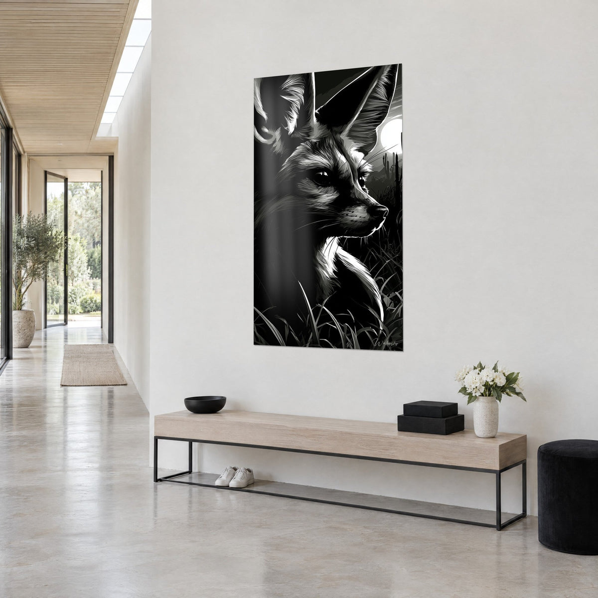 Wall art desert fox in backlight, silvery fur and deep black background, large round moon, three-quarter view in a bright hallway