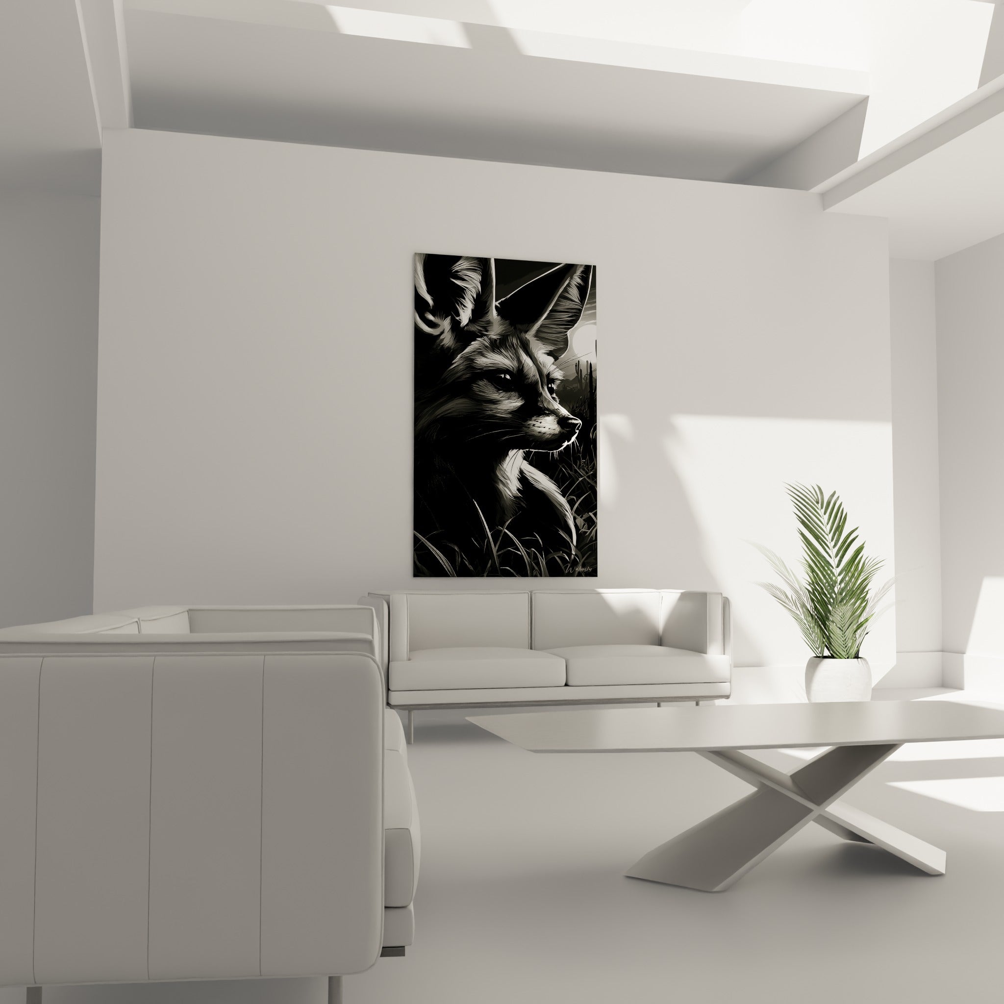 Silhouette d'un fennec gris et blanc au clair de lune au-dessus d'un canapé dans un salon lumineux