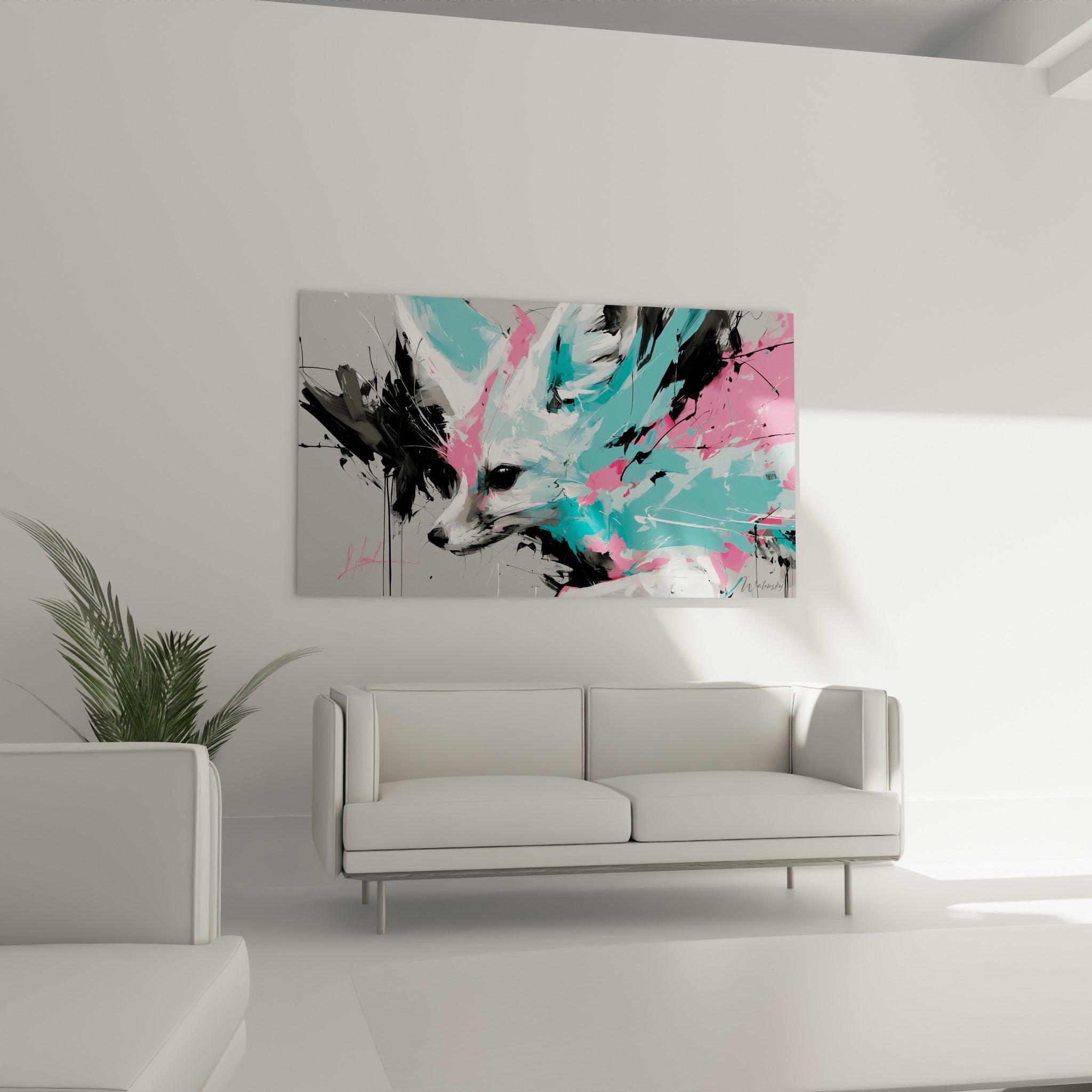 Regard sombre du fennec cerné de coulures noires et roses, au-dessus d'un canapé dans un salon lumineux