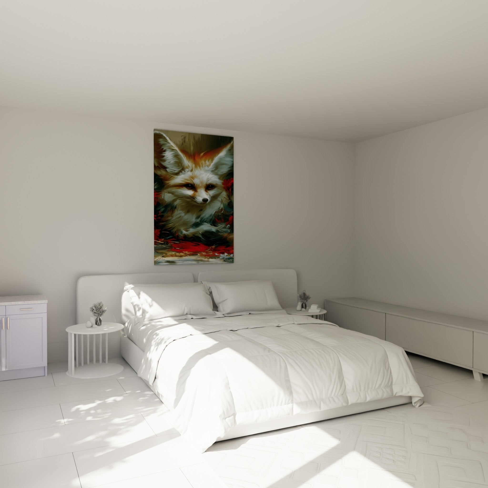 Regard intense du Fennec ocre et rouge écarlate, accroché au-dessus d'un lit dans une chambre claire
