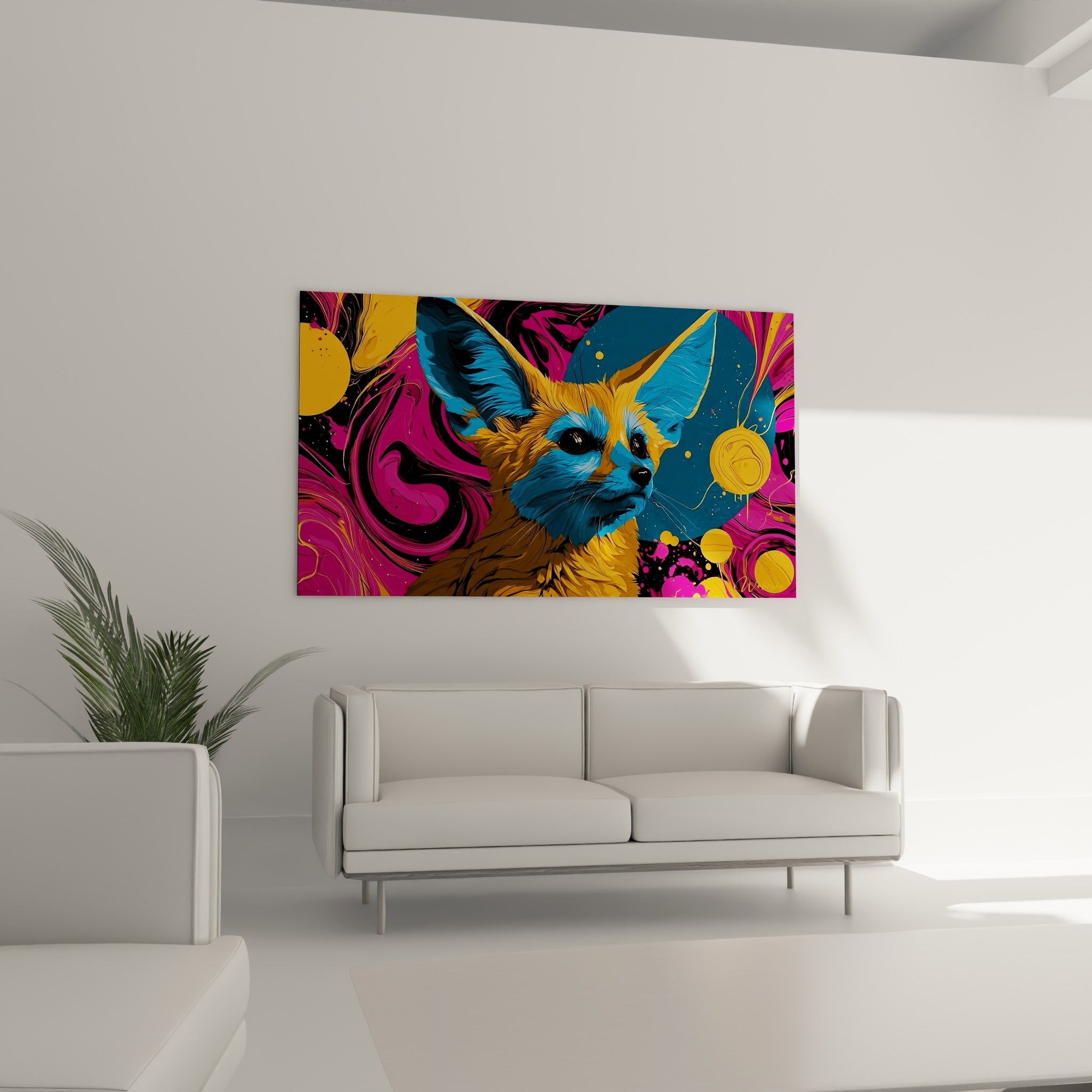 Museau fauve et regard intense du fennec, oreilles bleu marine, au-dessus d'un canapé dans un salon lumineux