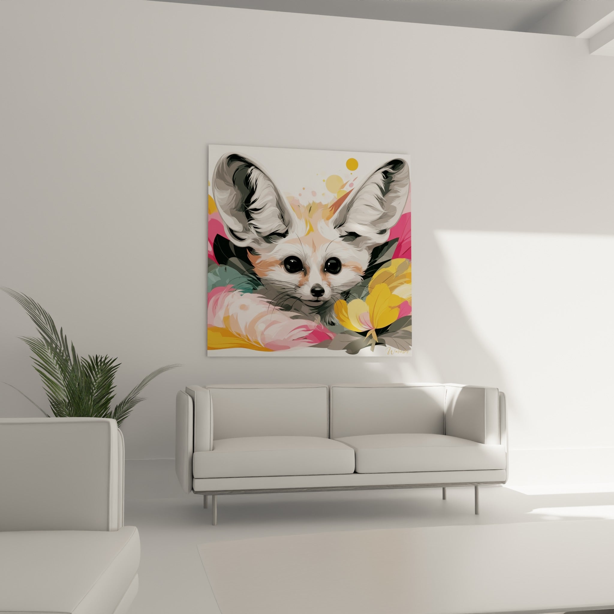 Museau noir et yeux brillants du fennec parmi des pétales dorés, au-dessus d'un canapé dans un salon lumineux