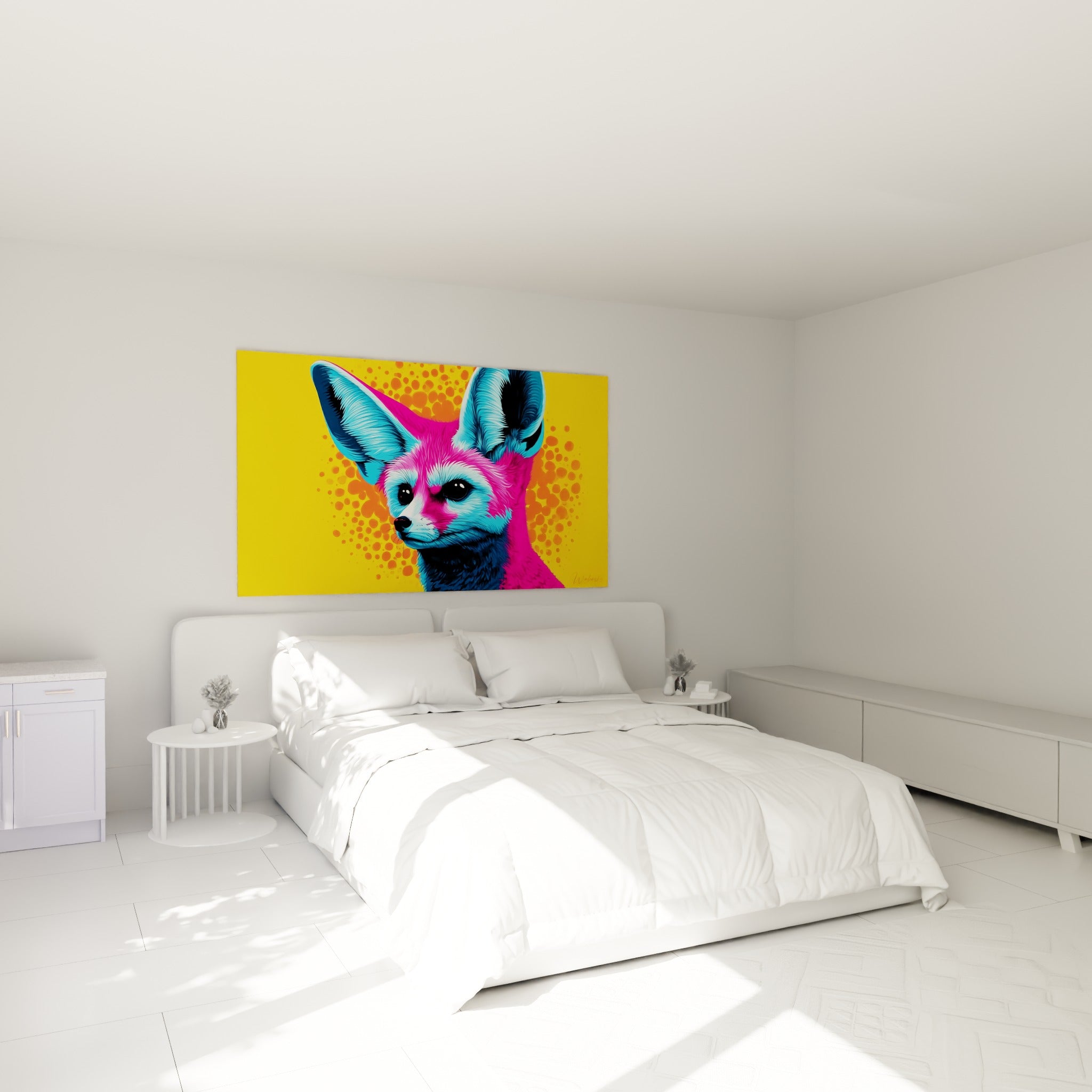 Regard sombre du fennec entre rose et bleu, accroché au-dessus d'un lit dans une chambre claire