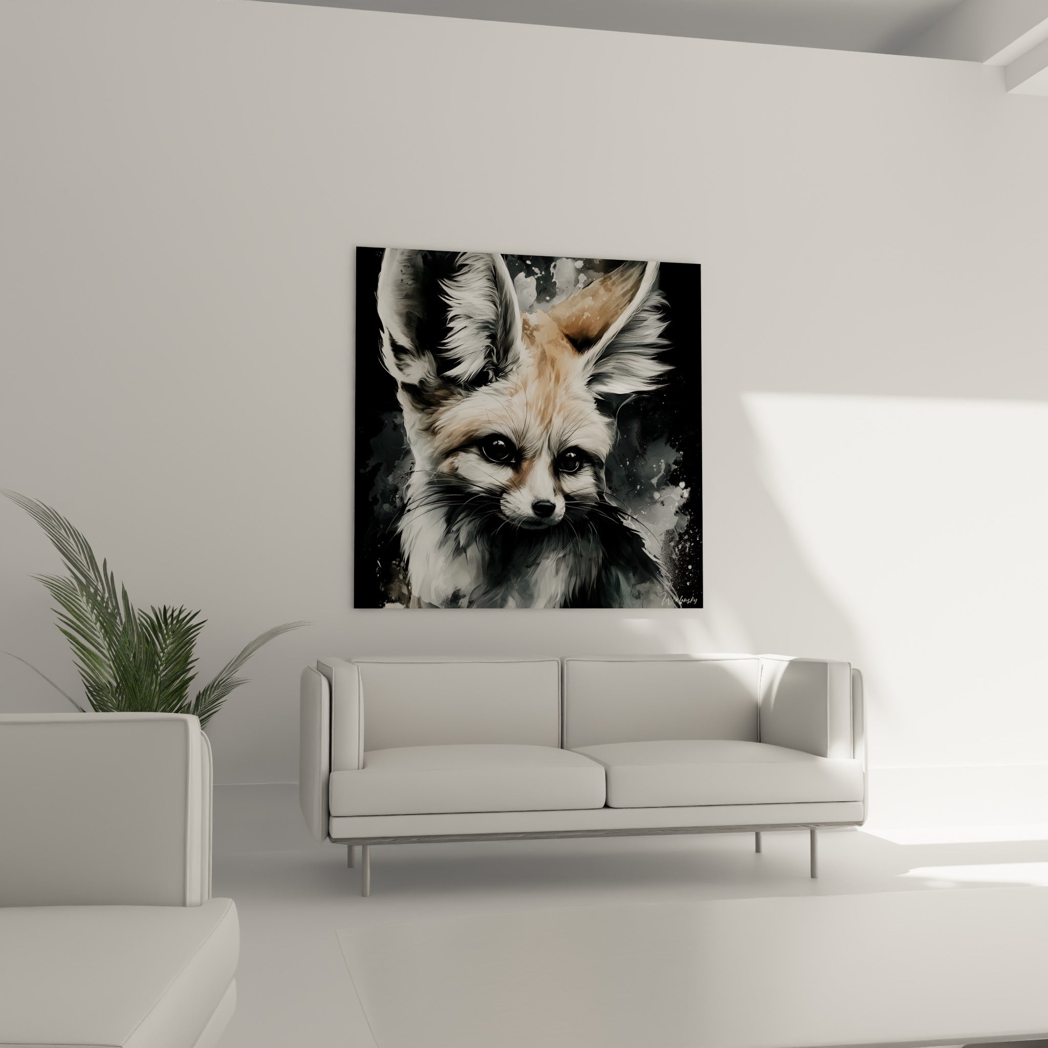 Museau fin et yeux sombres de ce fennec blanc et sable au-dessus d'un canapé dans un salon lumineux