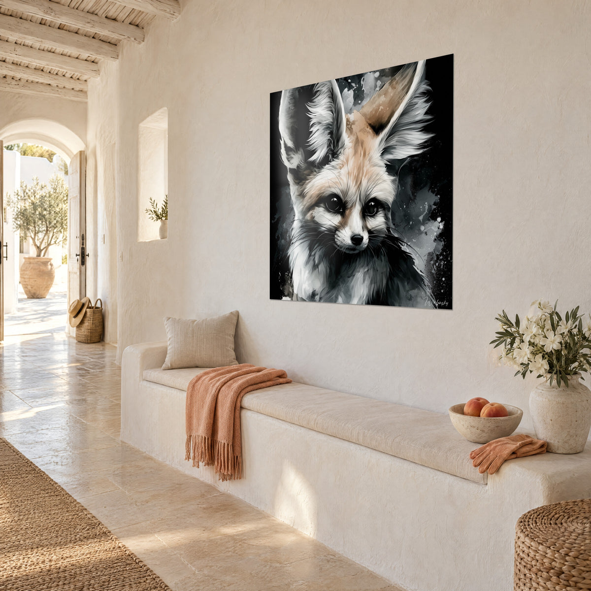 Wall art fennec fox with black muzzle and long whiskers, cream and ink-grey fur, on a white wall beside a stone bench