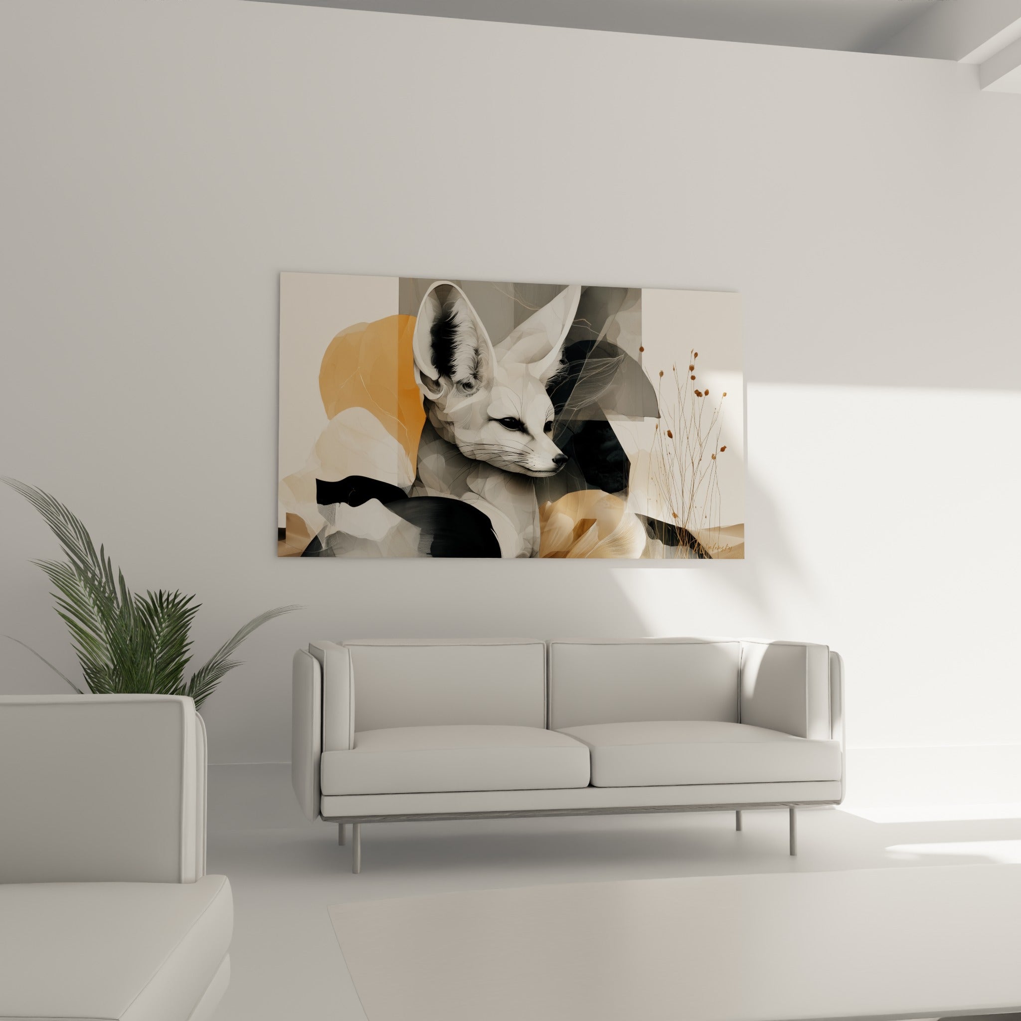 Regard du fennec sur fond ocre et noir, œuvre suspendue au-dessus d'un canapé dans un salon lumineux