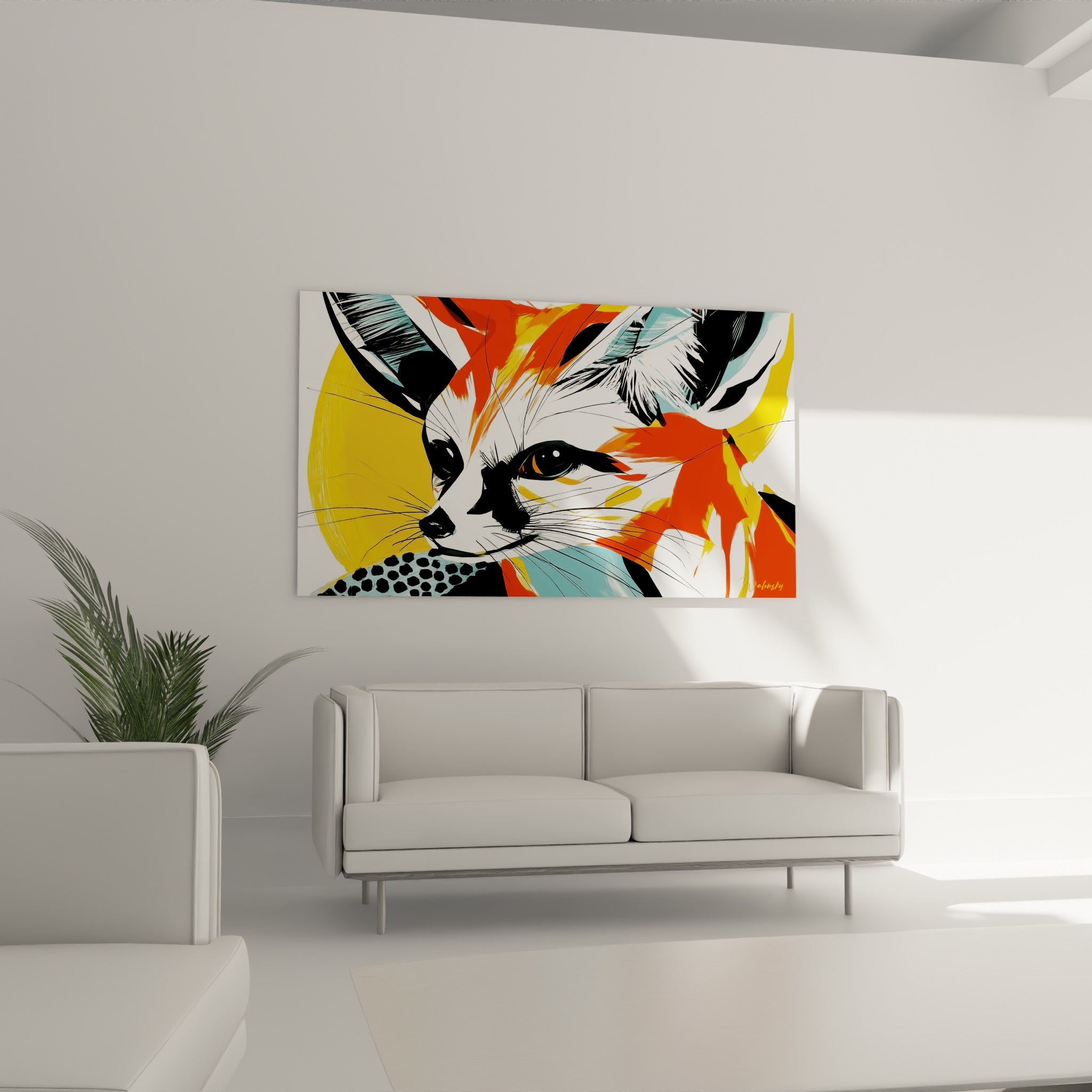 Regard intense du fennec, orange vif et jaune éclatant, au-dessus d'un canapé dans un salon lumineux