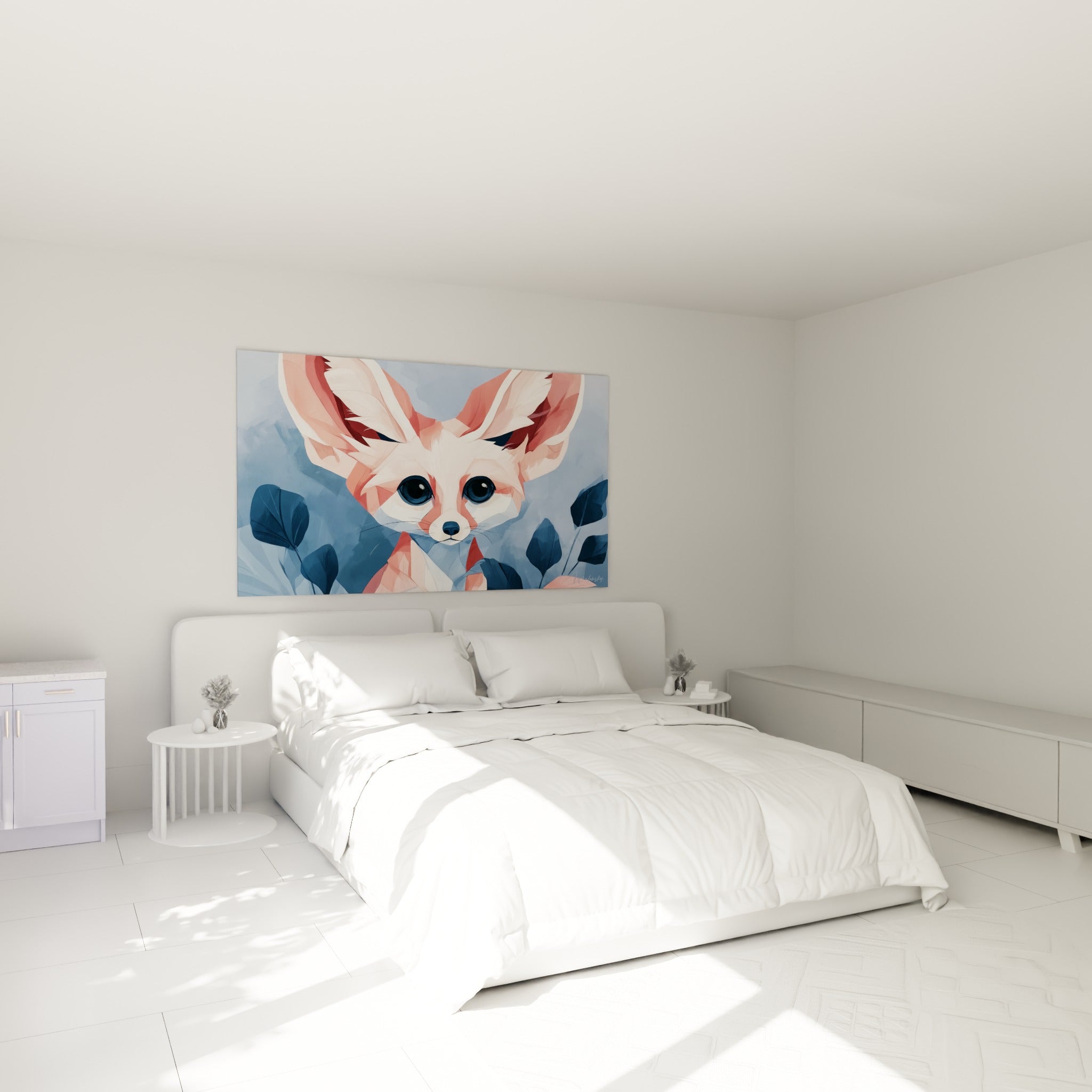 Museau rosé et yeux profonds du fennec accrochés au-dessus d'un lit dans une chambre claire