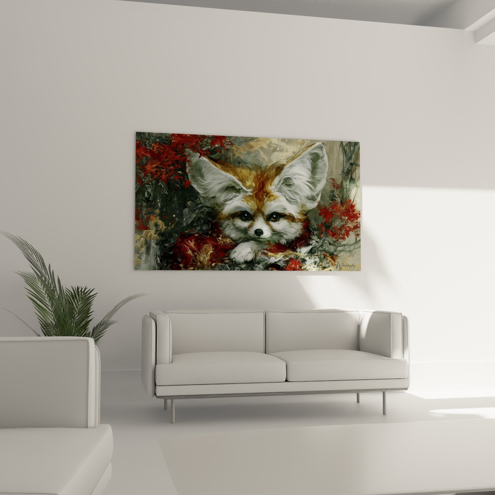 Yeux sombres et pelage ocre du fennec ressortant sur un fond gris, au-dessus d'un canapé dans un salon lumineux