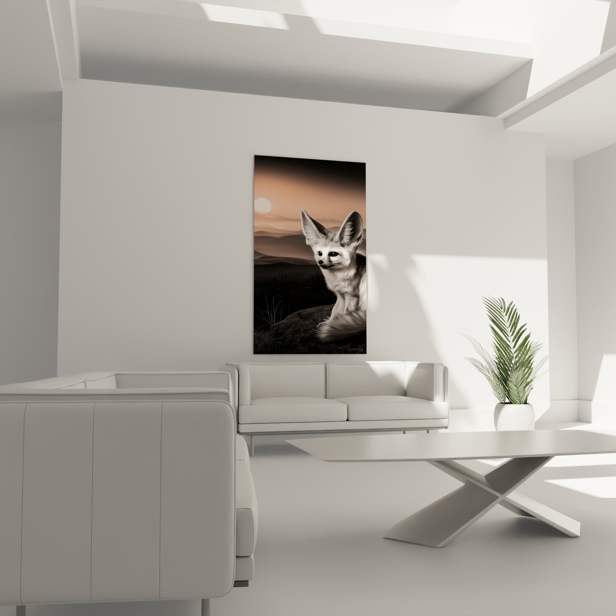 Regard sombre du fennec sur fond orangé accroché au-dessus d'un canapé dans un salon lumineux