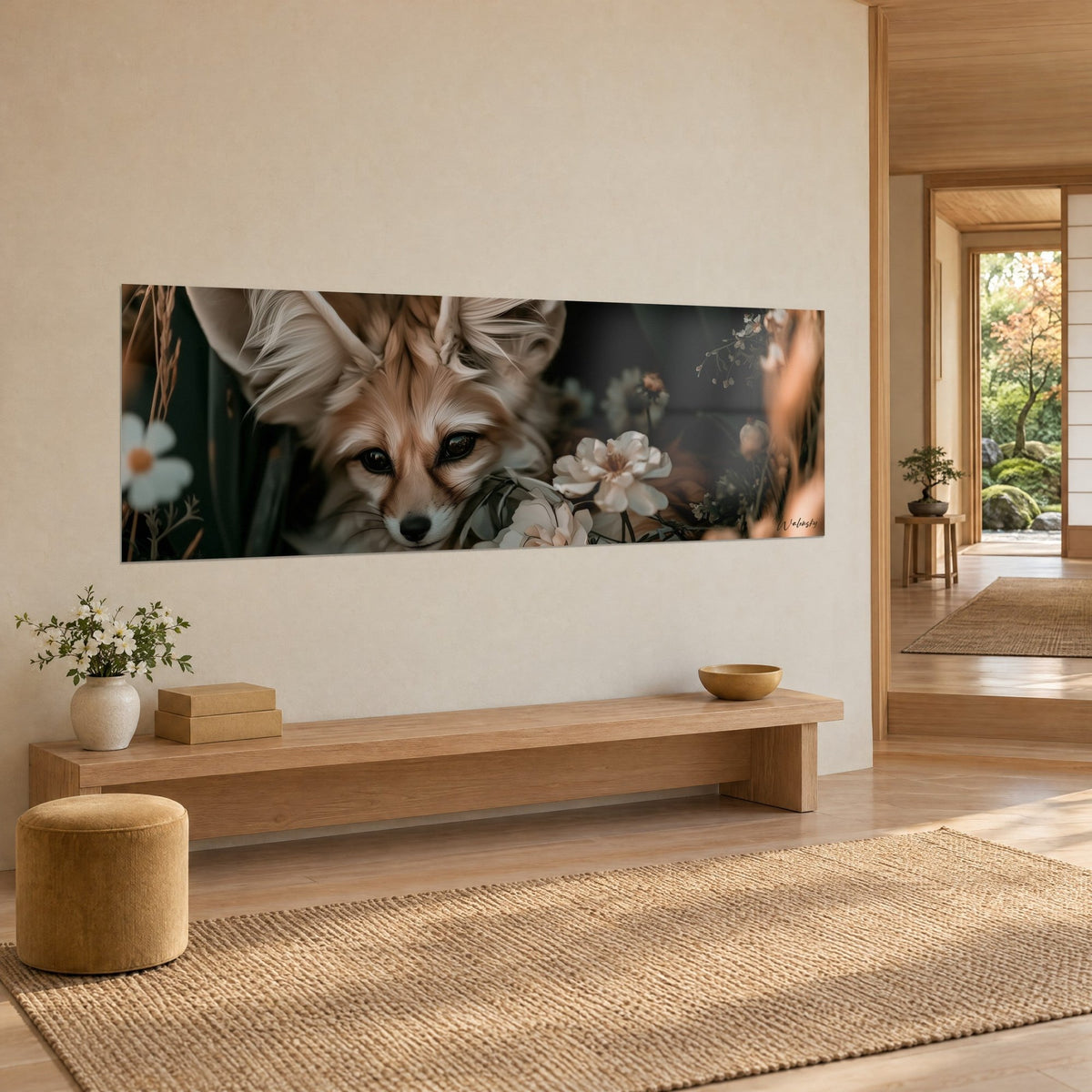 Wall art desert fox with dark eyes, sandy fur and white flowers against a deep green background, three-quarter view