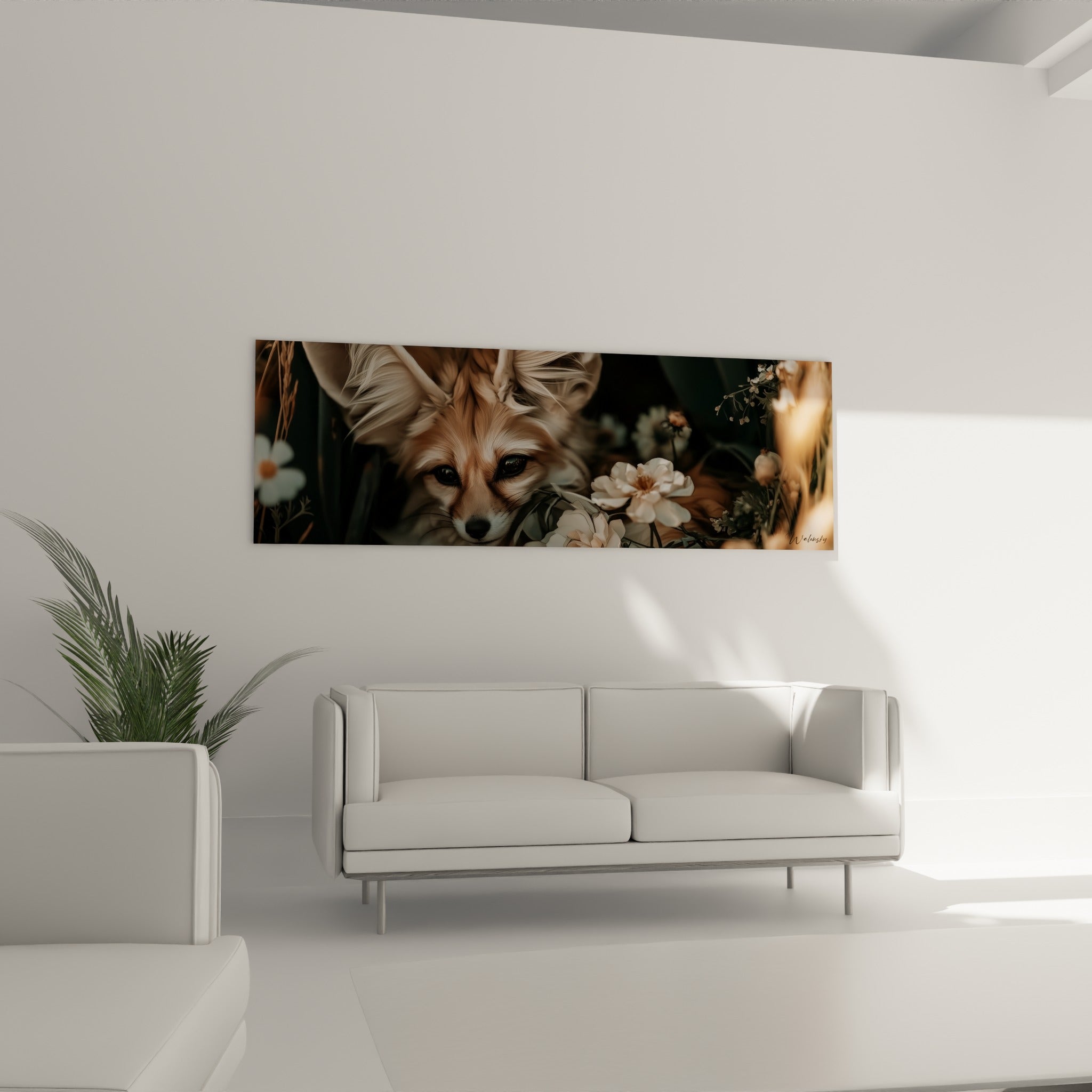 Regard perçant du fennec ocre niché dans les roses blanches, au-dessus d'un canapé dans un salon lumineux