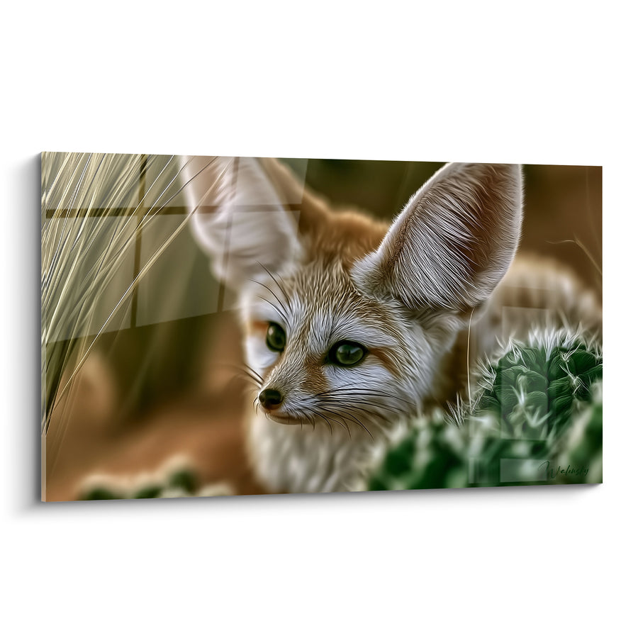 Tableau Fennec ocre et vert près d'un cactus - Vigilance dans les dunes - Edition Fennec