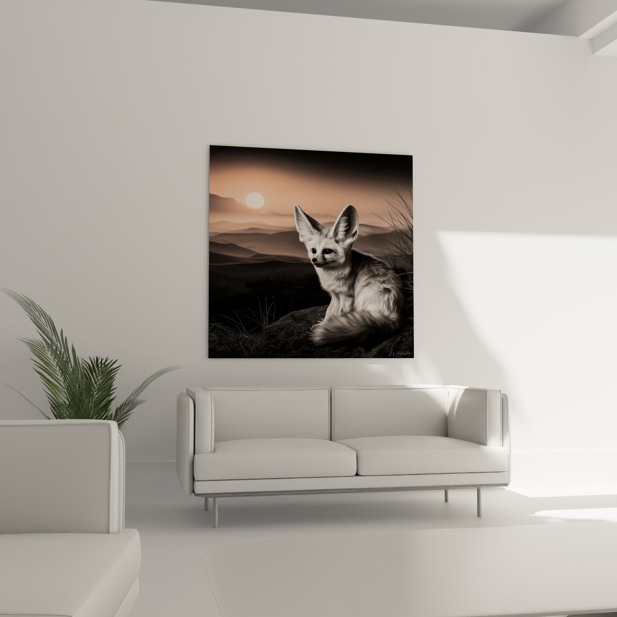 Fennec au regard vigilant, pelage blanc et gris détaillé, au-dessus d'un canapé dans un salon lumineux