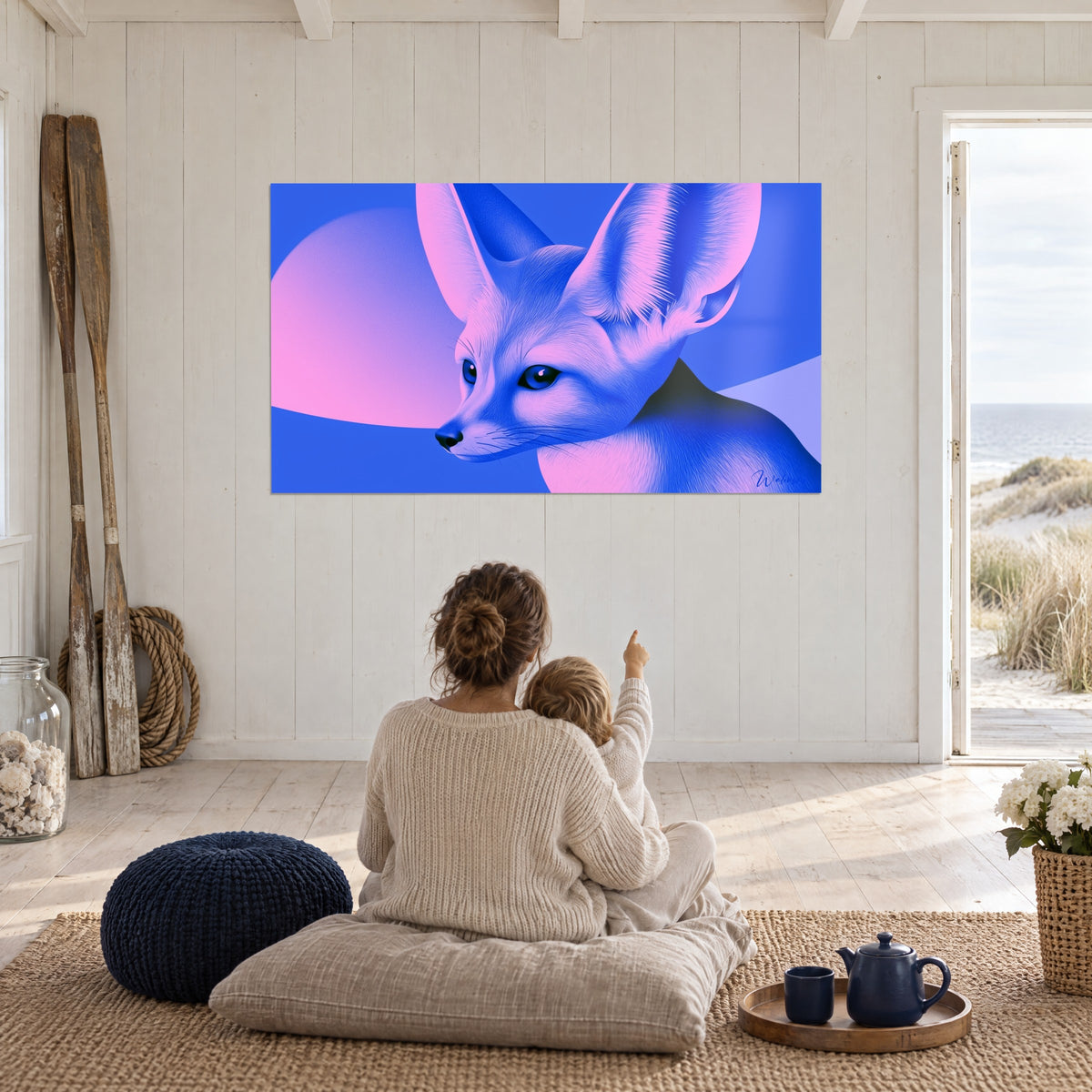 Wall art bat-eared fox, cobalt blue and pink gradients, facing a mother and her child sitting in a seaside house