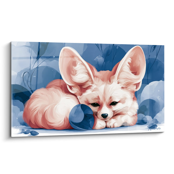 Tableau Fennec rose et bleu roulé en boule - Sieste enroulée - Edition Fennec