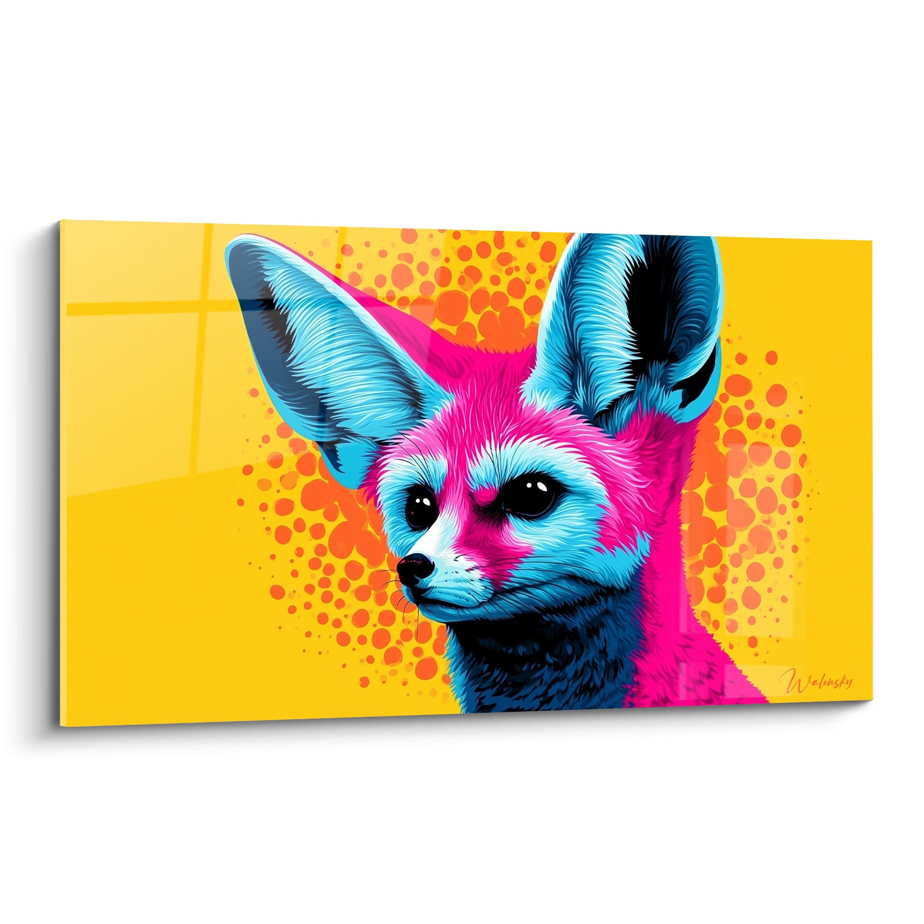 Fennec au museau rose fuchsia et oreilles bleu pastel, fond jaune ponctué de cercles orange