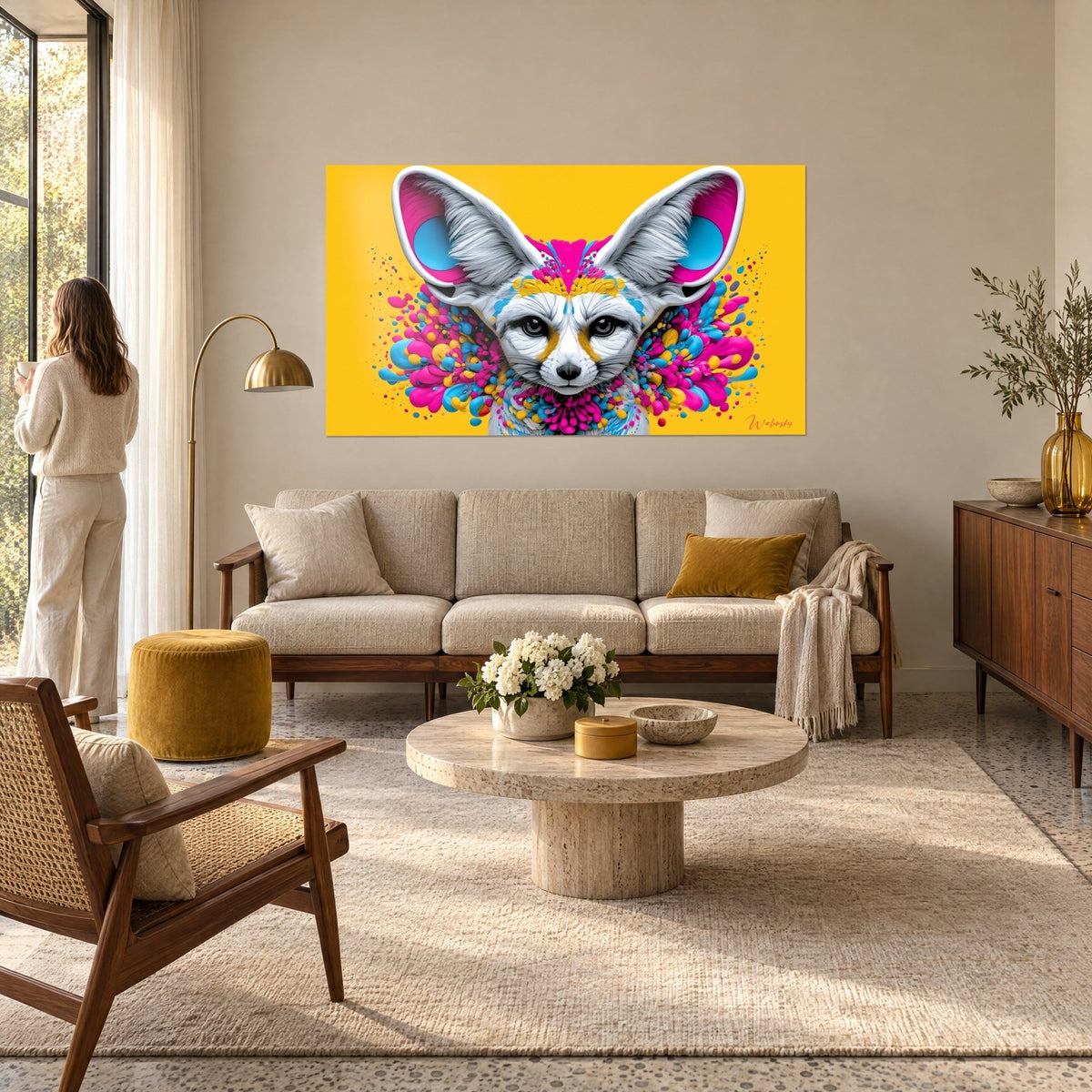 Cuadro zorro fennec con enormes orejas magenta y cian, fondo amarillo vibrante, encima de un sofá en un salón luminoso
