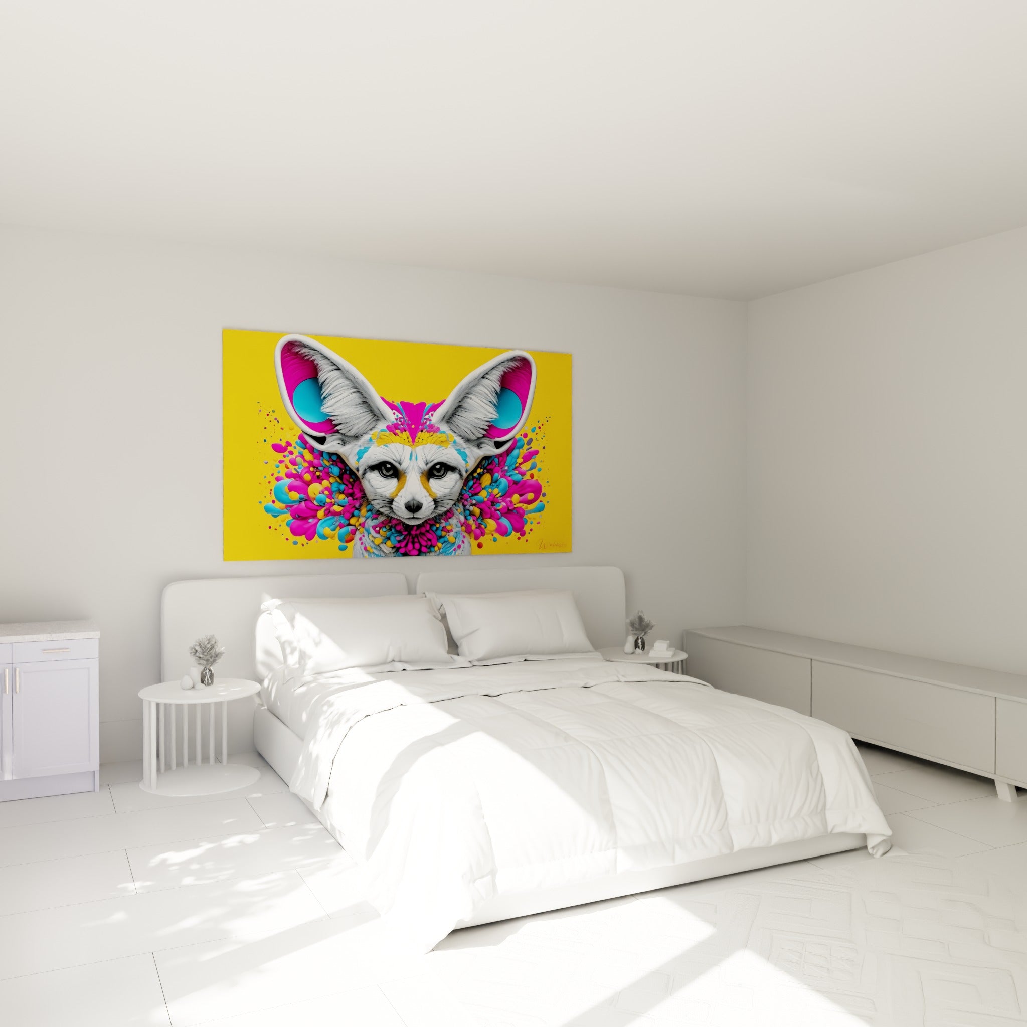 Museau noir et regard perçant du fennec coloré, suspendu au-dessus d'un lit dans une chambre claire