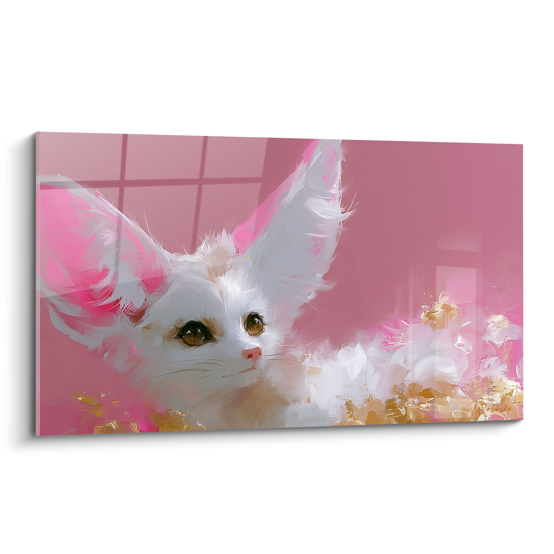 Fennec au regard ambré, oreilles roses géantes, pelage blanc et fond rose ancien peint
