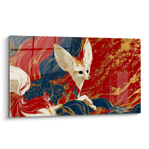 Tableau Fennec aux fleurs rouge et bleu marine - Légende du désert - Edition Fennec