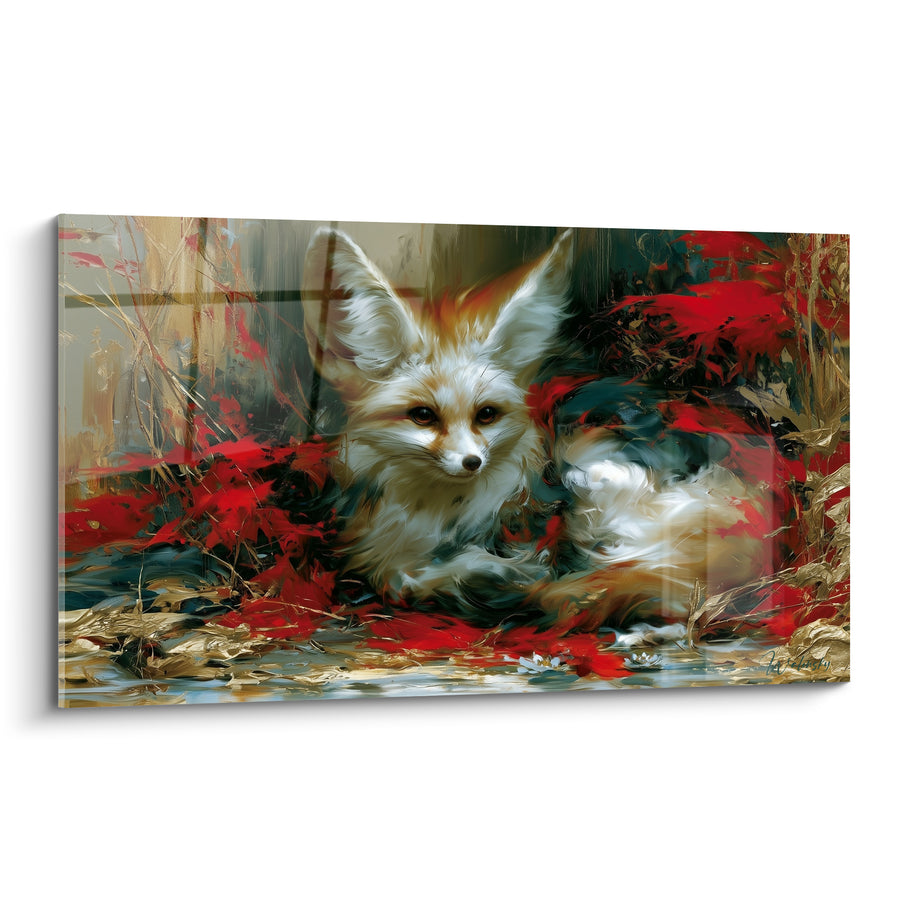 Tableau Fennec couché aux touches rouge et or - Refuge sauvage - Edition Fennec