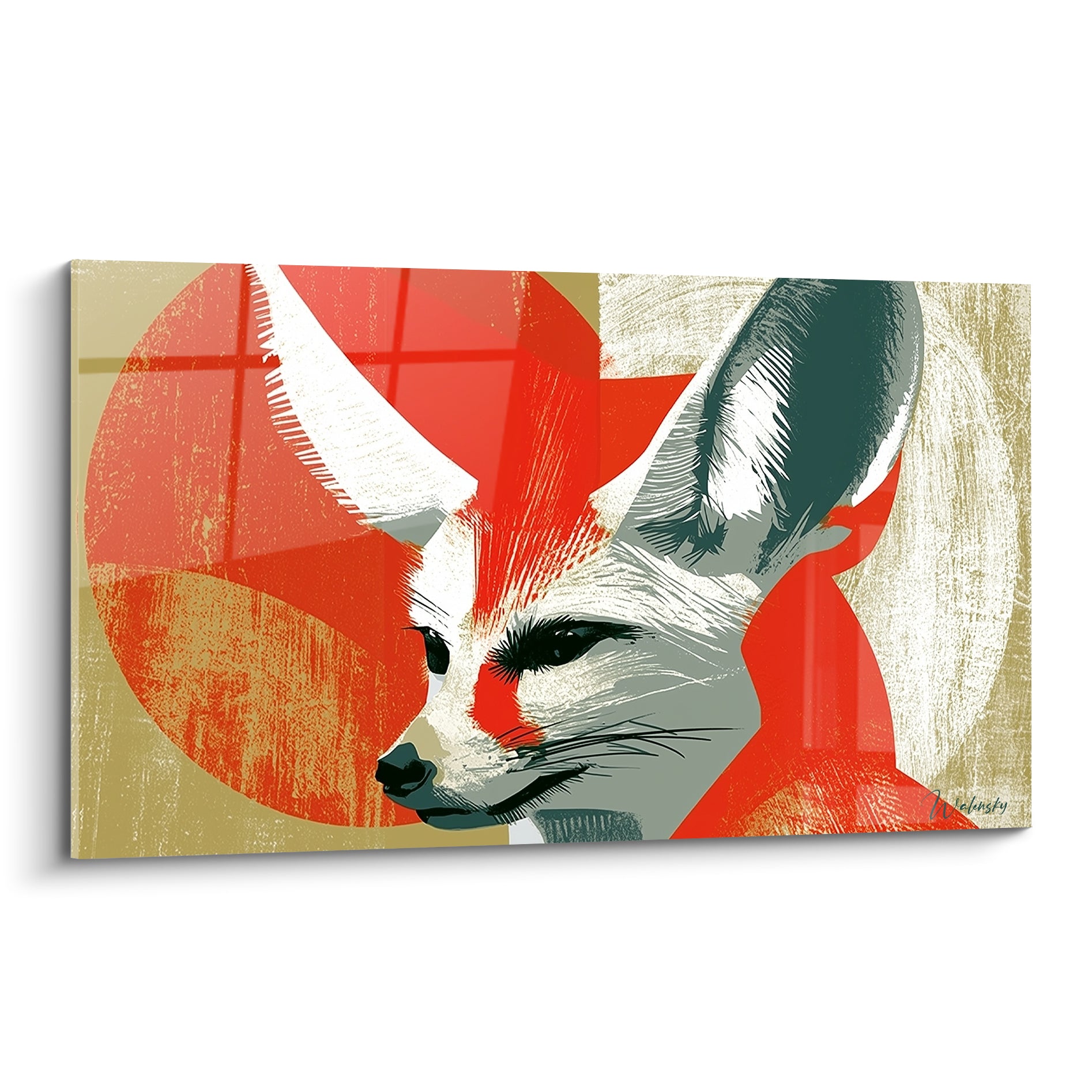 Fennec au regard sombre entre cercle rouge vif et fond ocre texturé, style graphique affiché