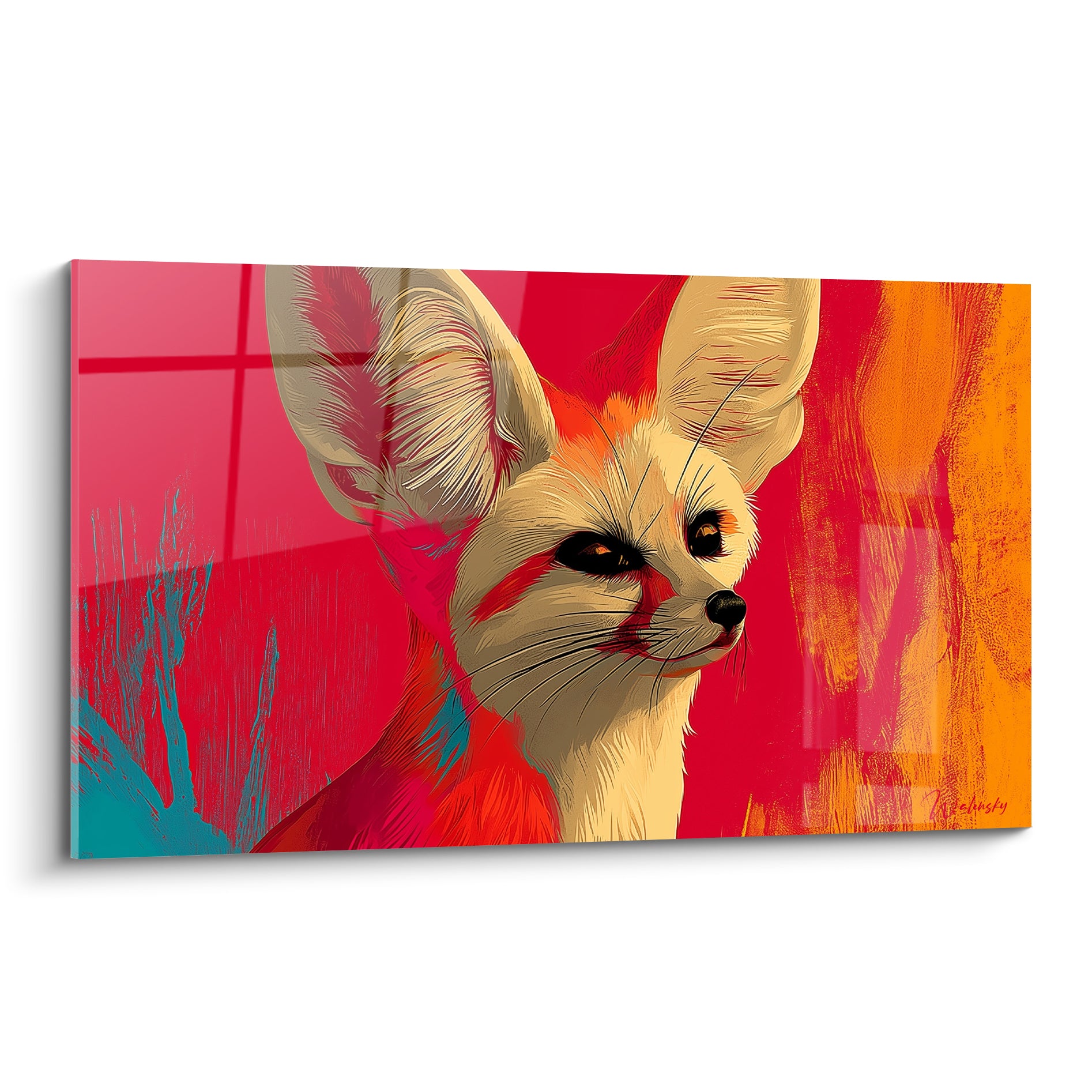 Fennec au pelage crème, regard perçant sur fond rouge écarlate et orange vif texturé