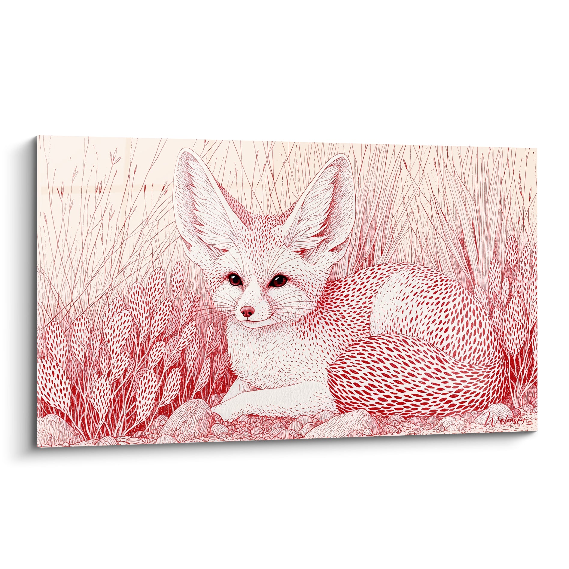 Fennec allongé aux traits rouge terracotta et ivoire, oreilles dressées dans les herbes hautes