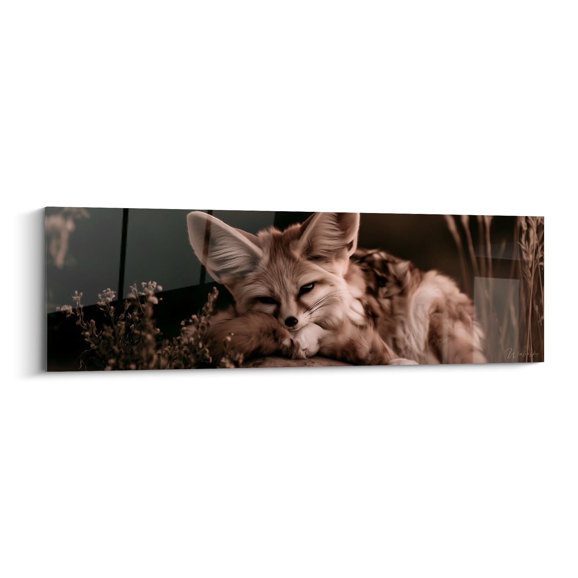 Fennec brun et roux assoupi, oreilles dressées, fourrure sépia et terracotta détaillée
