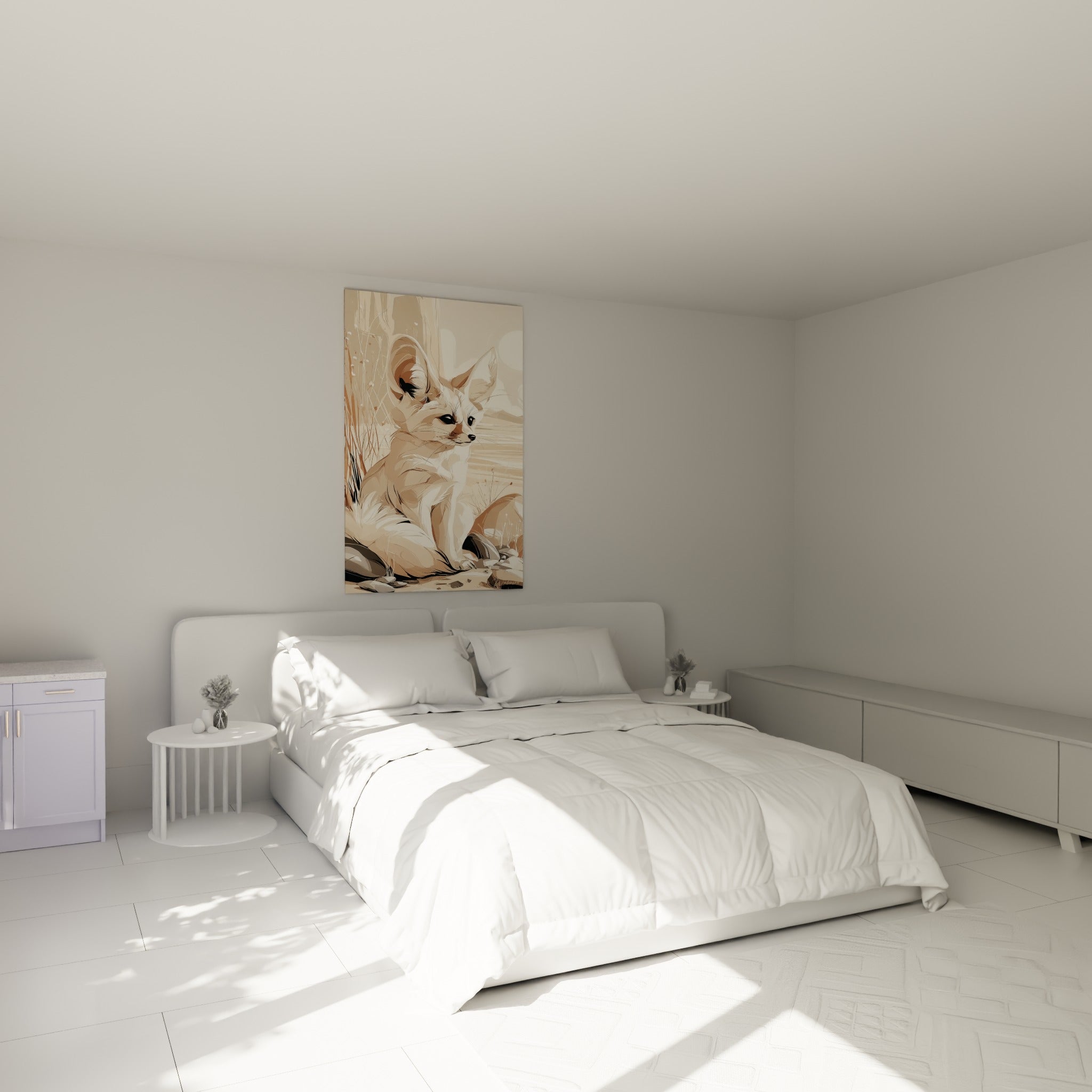 Fennec beige aux grandes oreilles dressées, posture calme, au-dessus d'un lit dans une chambre claire