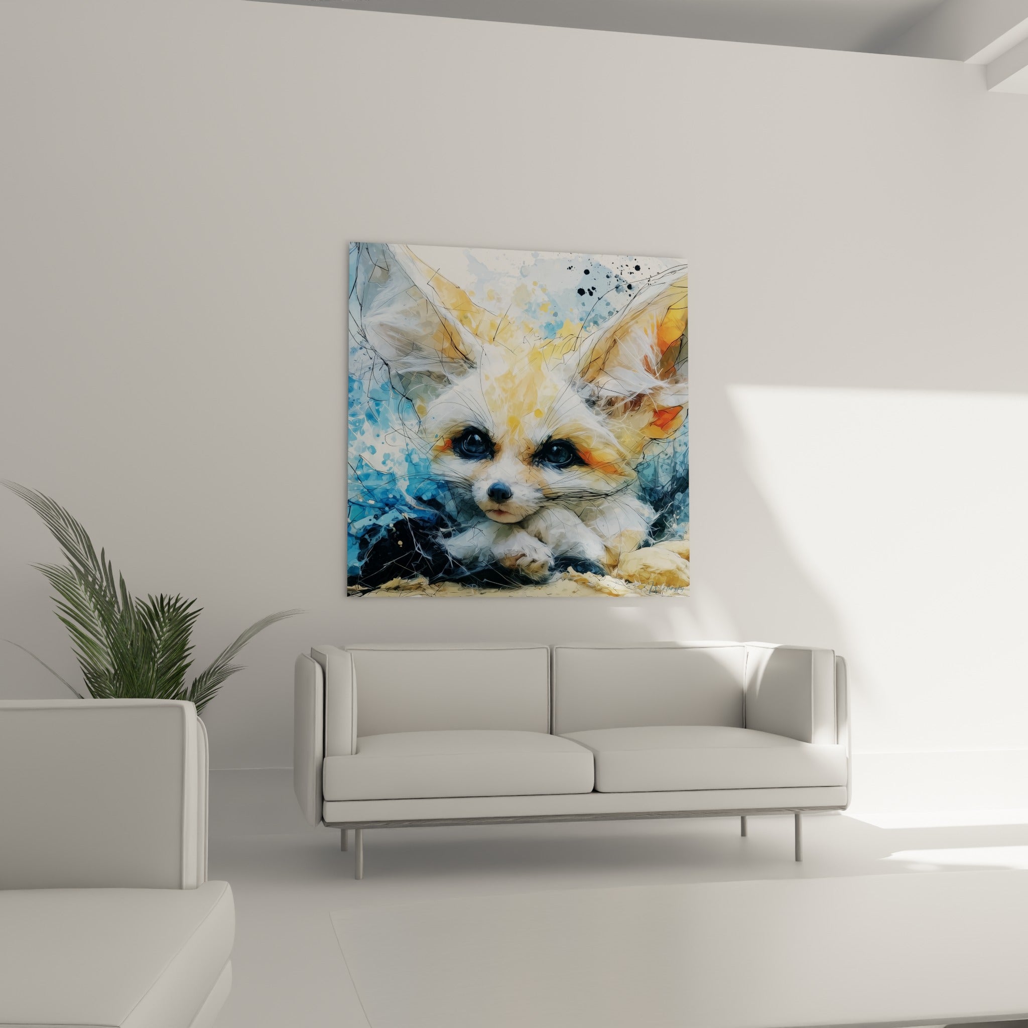Regard intense du fennec aux nuances beiges et bleu marine, suspendu au-dessus d'un canapé dans un salon lumineux