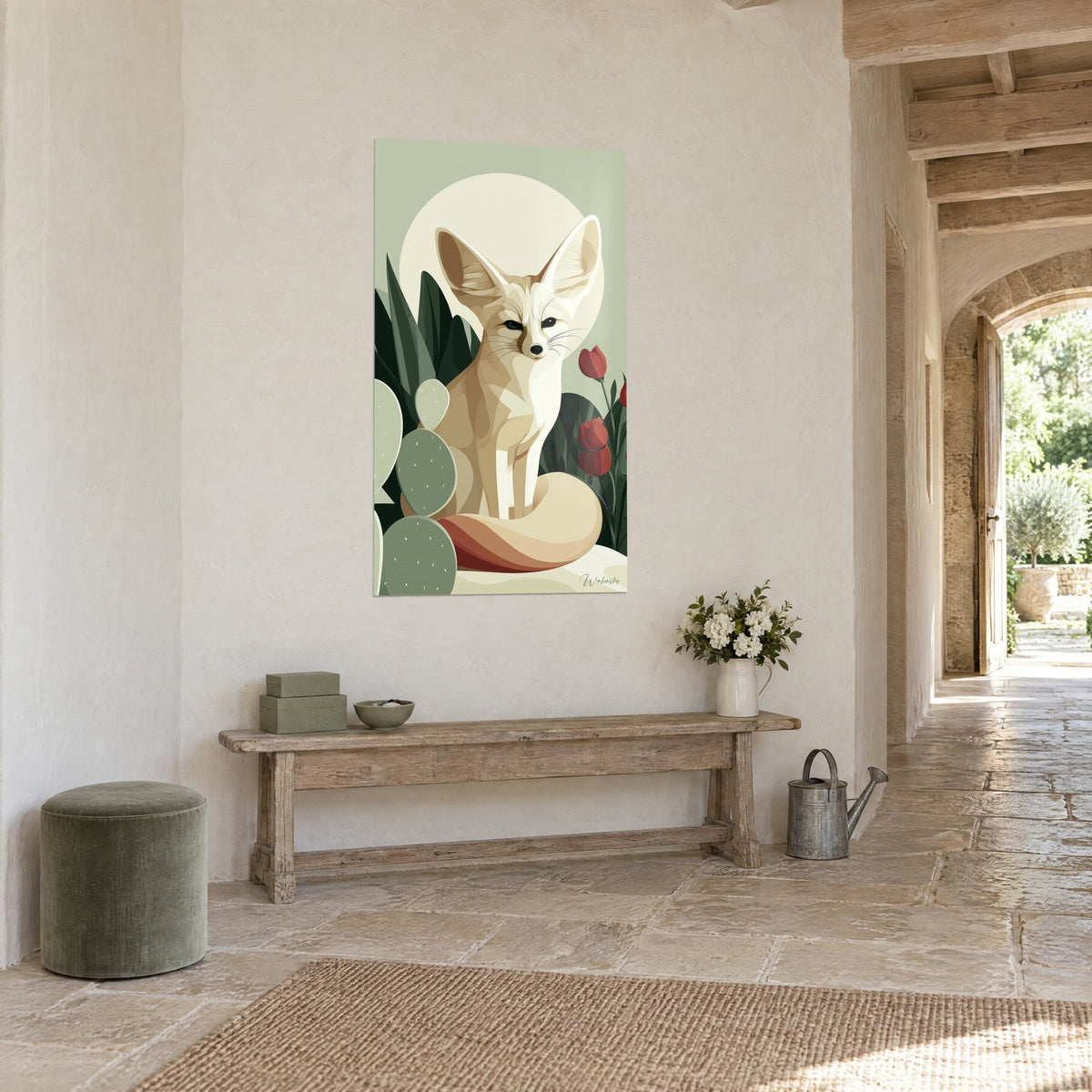 Wall art ivory sand fox sitting in front of a sage lunar disc, dark green leaves, carmine tulips, stone hallway