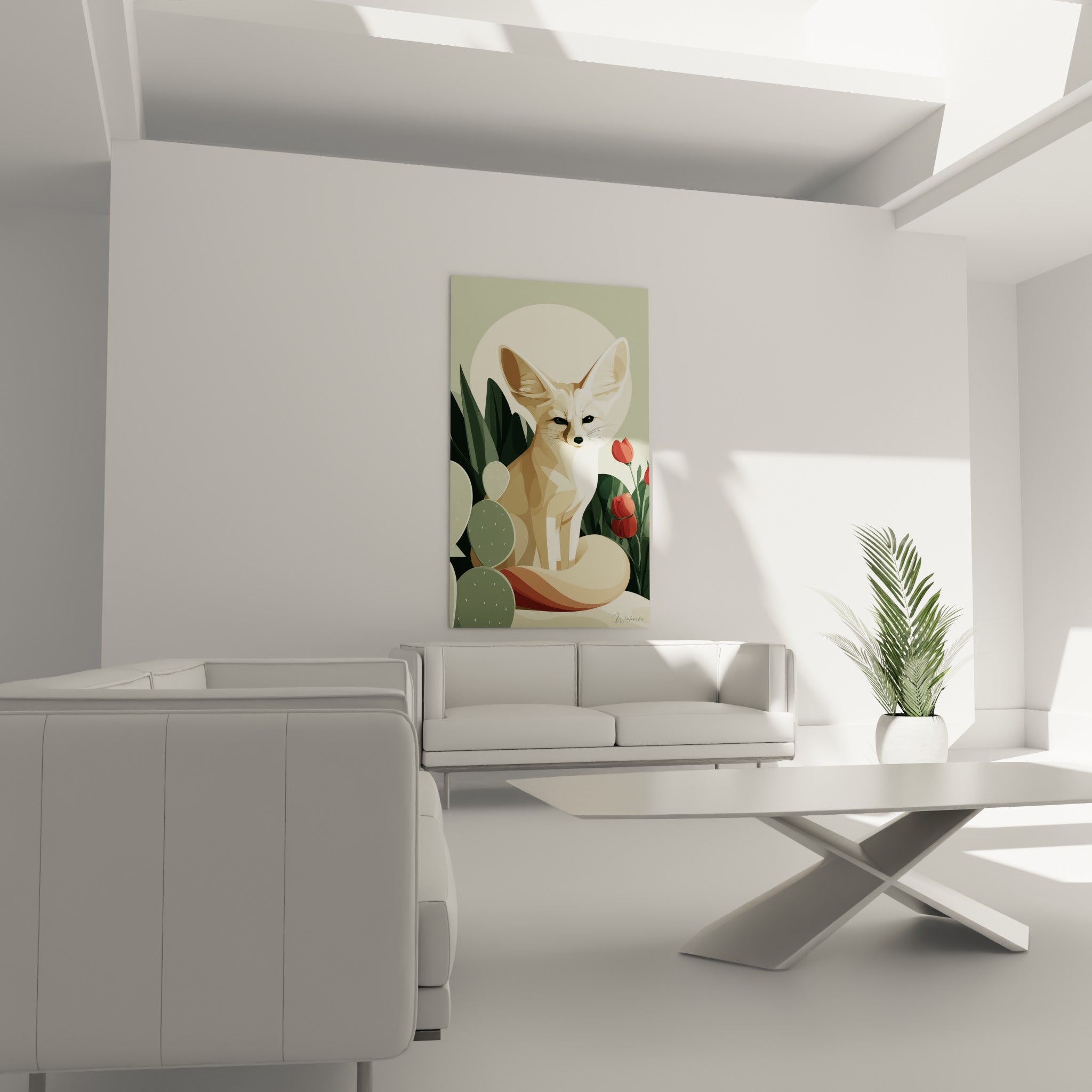 Renard des sables beige et terracotta parmi les tulipes rouges, au-dessus d'un canapé dans un salon lumineux