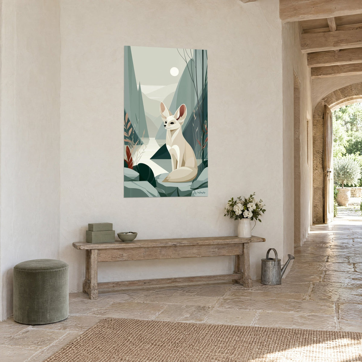 Wall art desert fox seated on grey-green rocks, dark green pines and rust-coloured grasses, in a stone hallway
