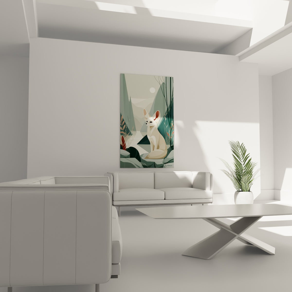 Regard du fennec beige tourné vers l'horizon, herbes terracotta et lune ivoire, au-dessus d'un canapé dans un salon lumineux