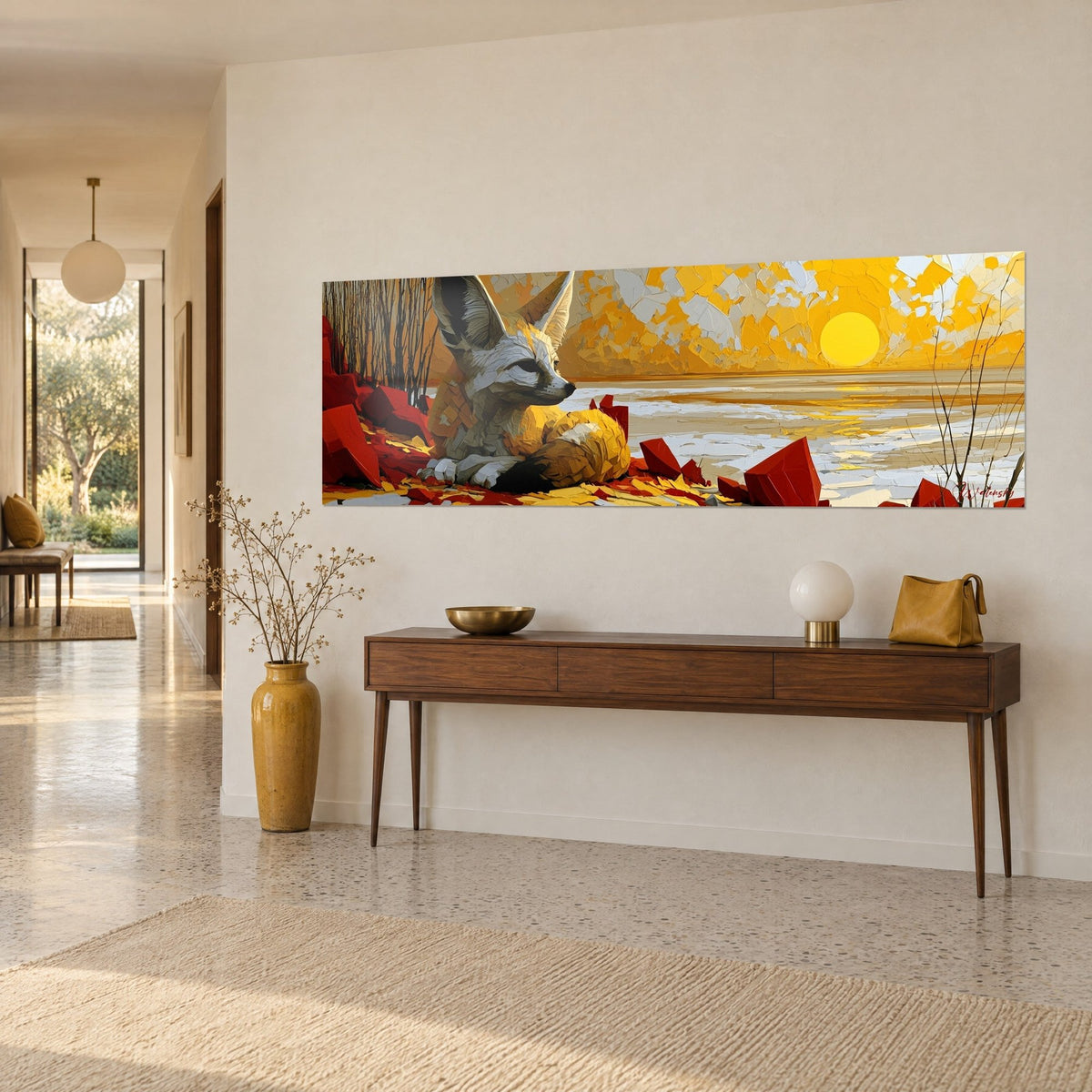 Wall art desert fox curled up among red shards of light, ochre and yellow faceted sky, on a beige wall above a wooden console