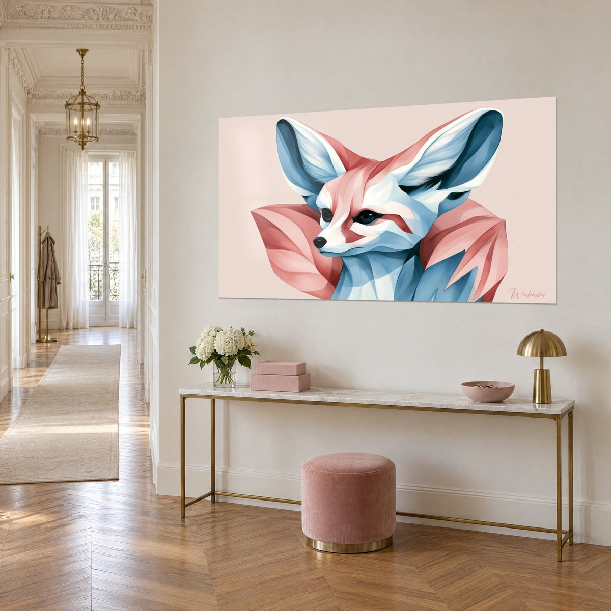 Wall art desert fox with huge sky-blue and coral-pink ears, powdery background, on a gilded console in a Haussmann-style entrance hall