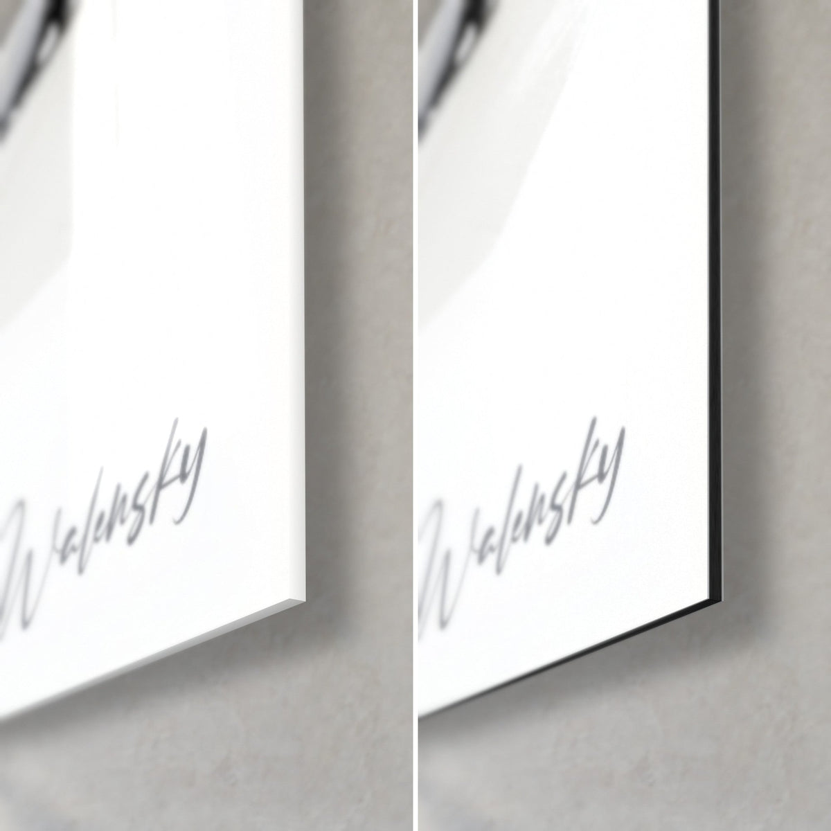 Wall art small desert fox with black bow, bottom right corner, Walensky signature, glossy acrylic glass and matte black Dibond, 3 mm thickness