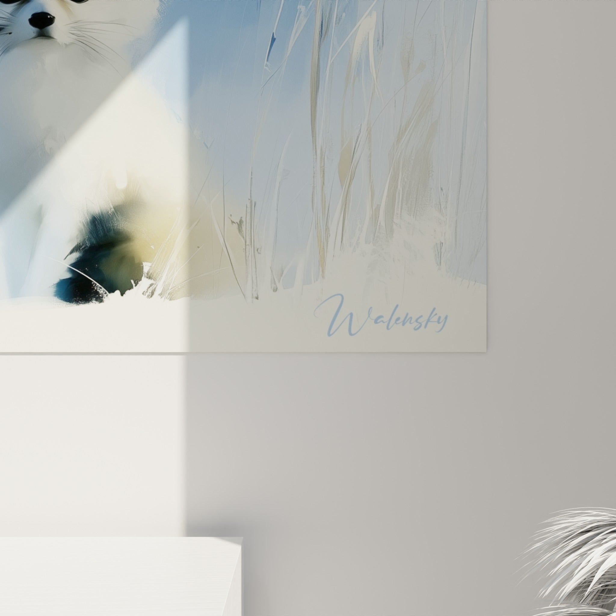 Empâtements bleu marine et blanc neigeux visibles de près sur ce tableau fennec à la matière veloutée